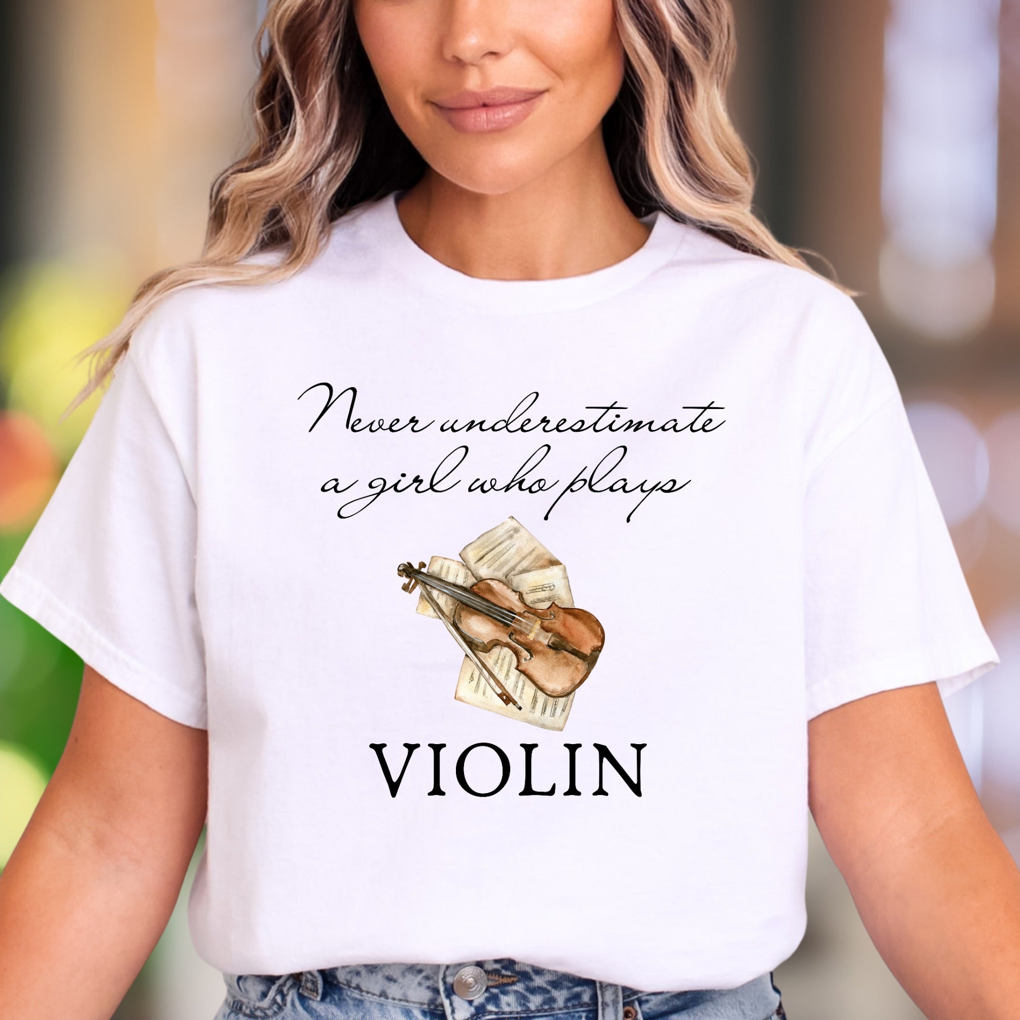 "Never underestimate a girl who plays VIOLIN" | Artistic Graphic Unisex Adult T-Shirt | Musician Lifestyle