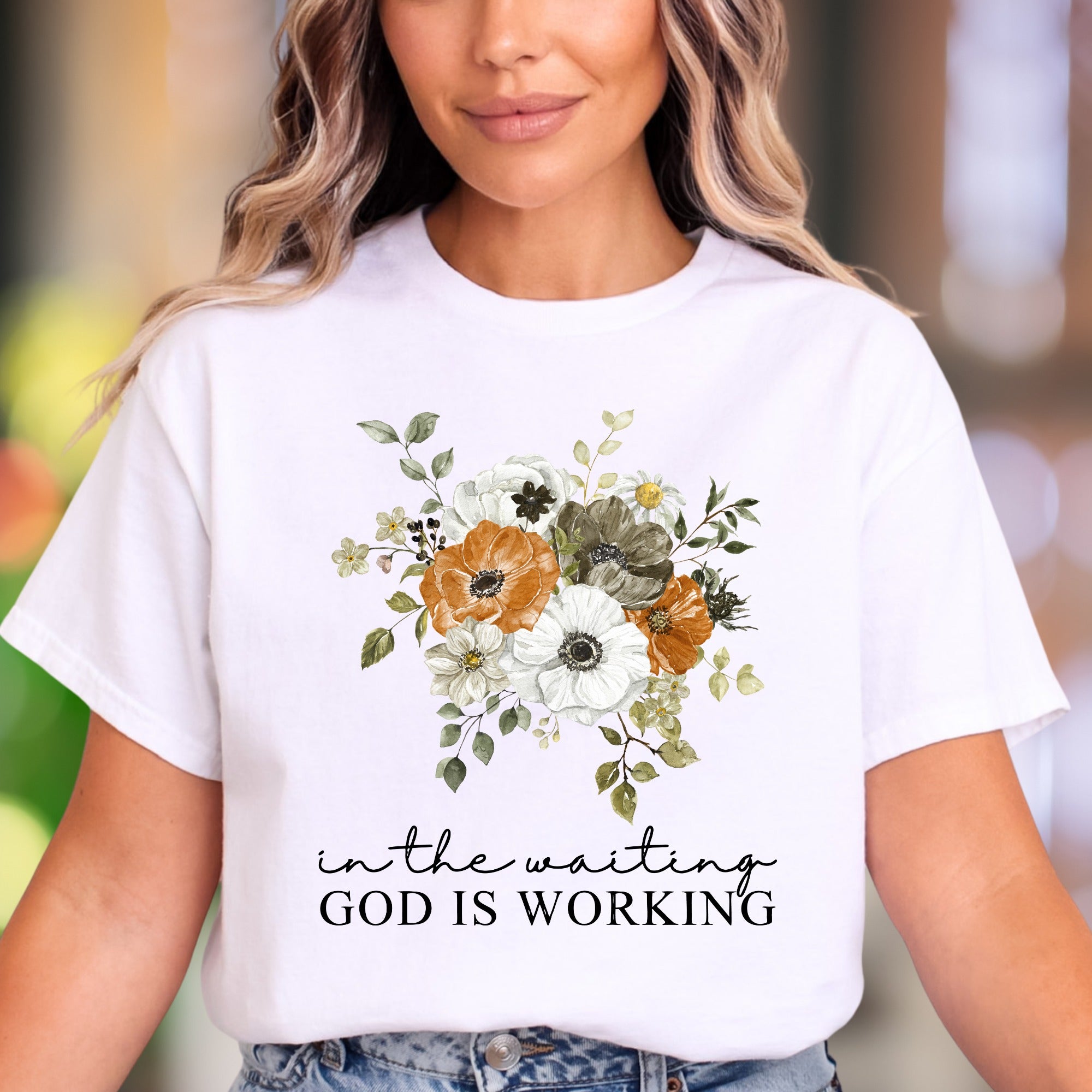 “In The Waiting God Is Working" | Floral Graphic Unisex Adult T-Shirt | Inspirational Lifestyle