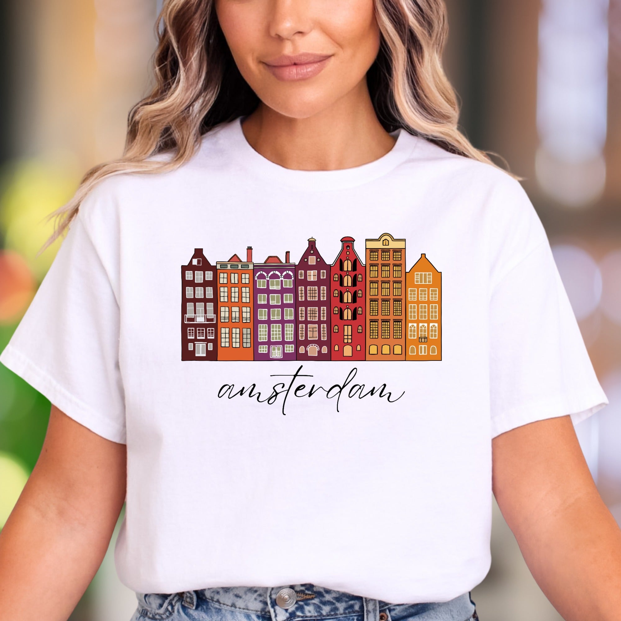 "amsterdam" | Colorful Cityscape Unisex Adult T-Shirt | Travel & Culture Apparel