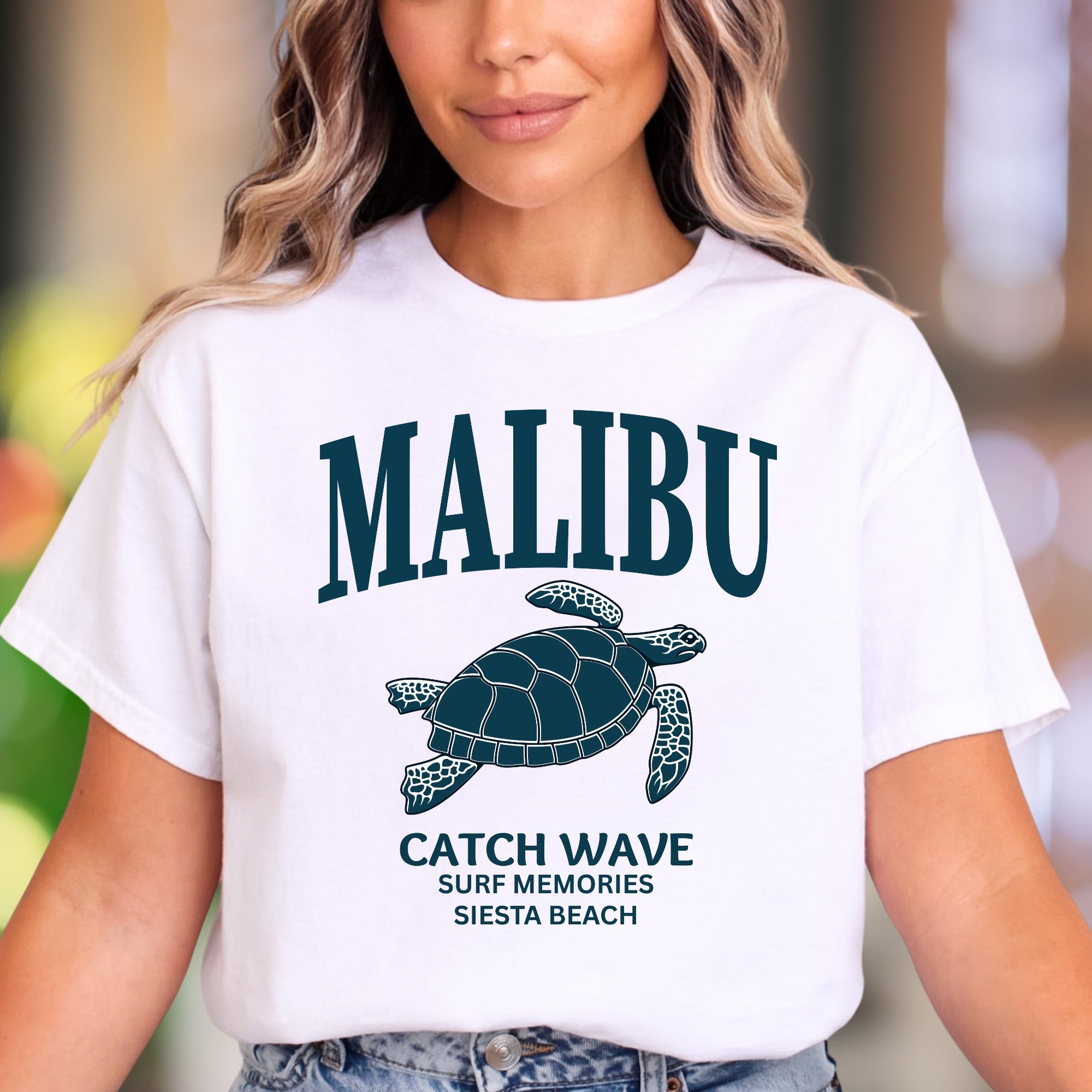 "MALIBU Catch Wave Surf Memories Siesta Beach" | Retro Island Graphic Unisex Adult T-Shirt | Beach Lifestyle