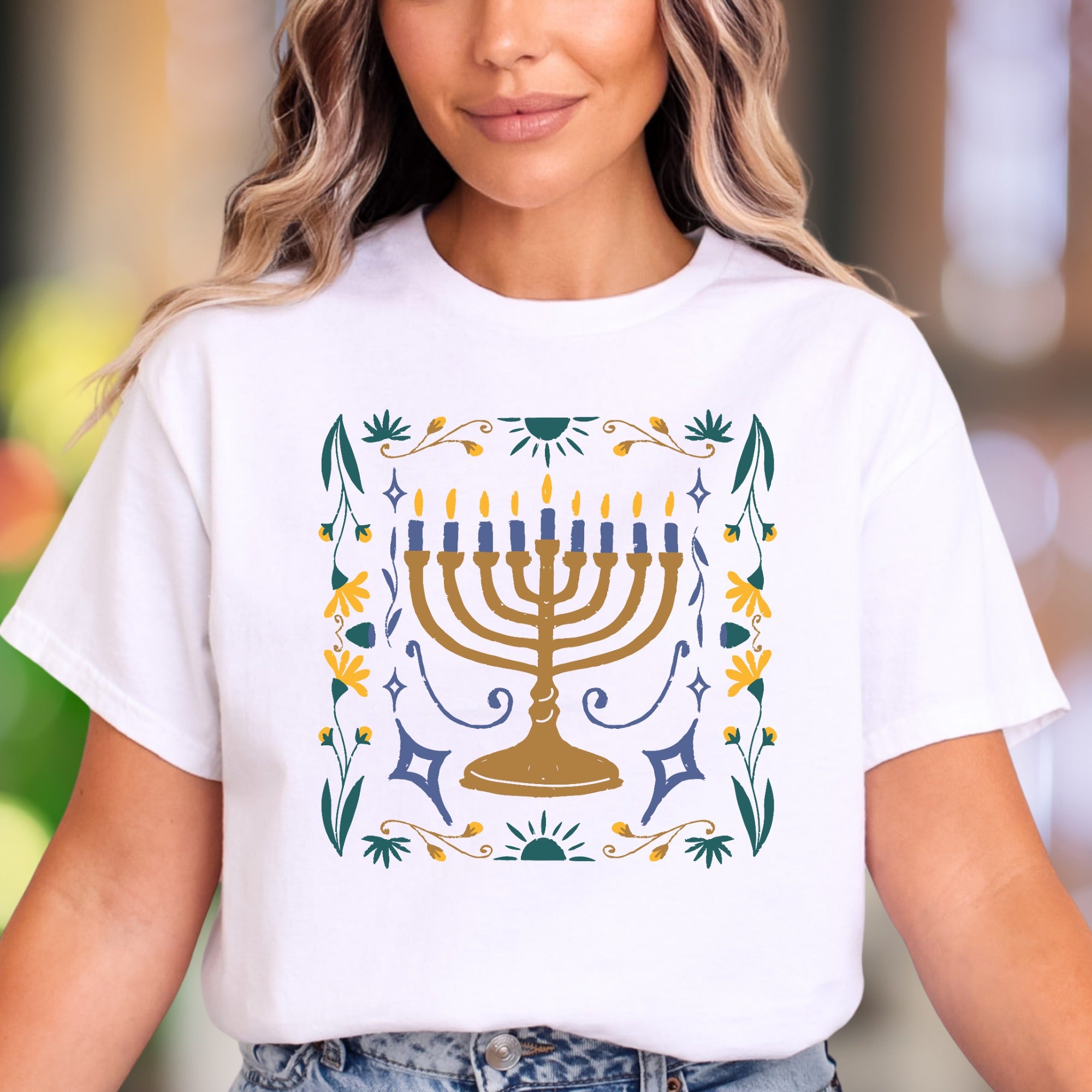 "Menorah & Floral" | Folk Art Unisex Adult T-Shirt | Festive Lifestyle