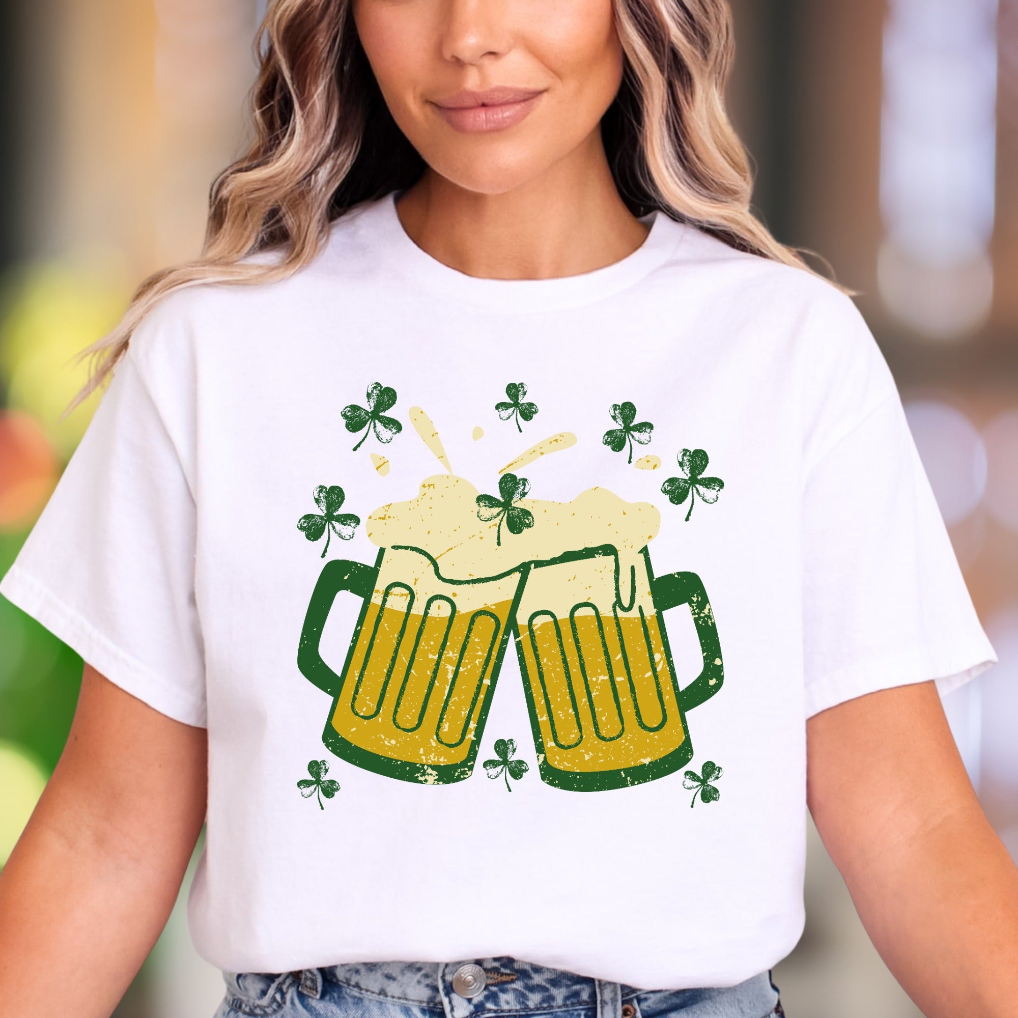 "Cheers & Shamrocks" | Distressed Graphic Unisex Adult T-Shirt | Festive Celebration Wear