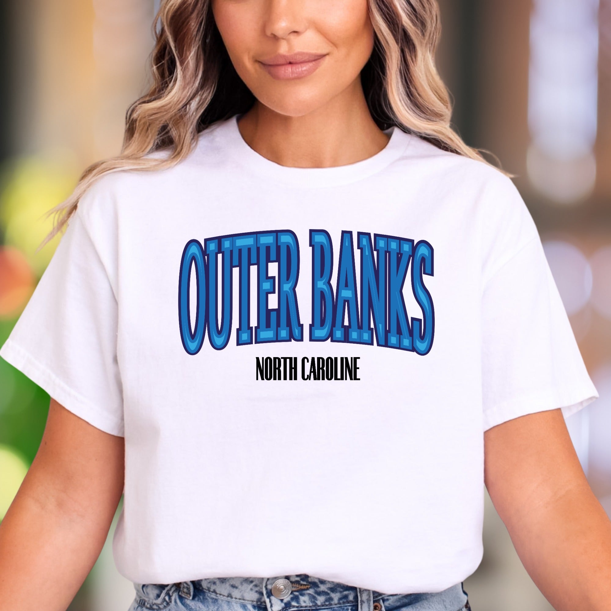"Outer Banks North Carolina" | Retro Blue Typography Unisex Adult T-Shirt | Coastal Lifestyle