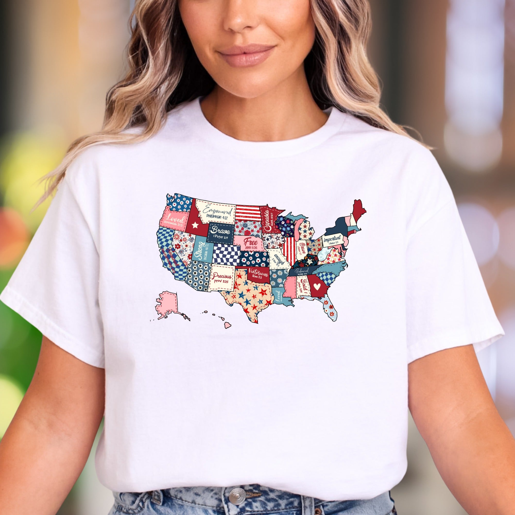 "Loved, Empowered, Capable" | Patriotic Patchwork Unisex Adult T-Shirt | Empowering Lifestyle