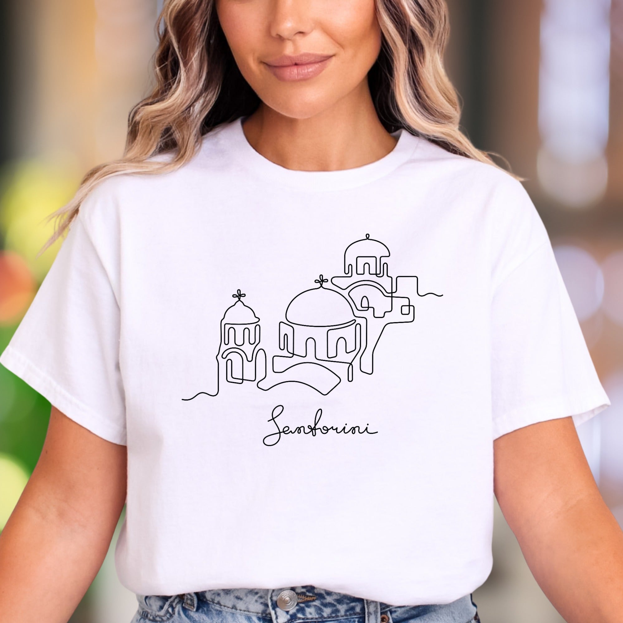 "Santorini" | Minimal Line Art Unisex Adult T-Shirt | Travel Lifestyle