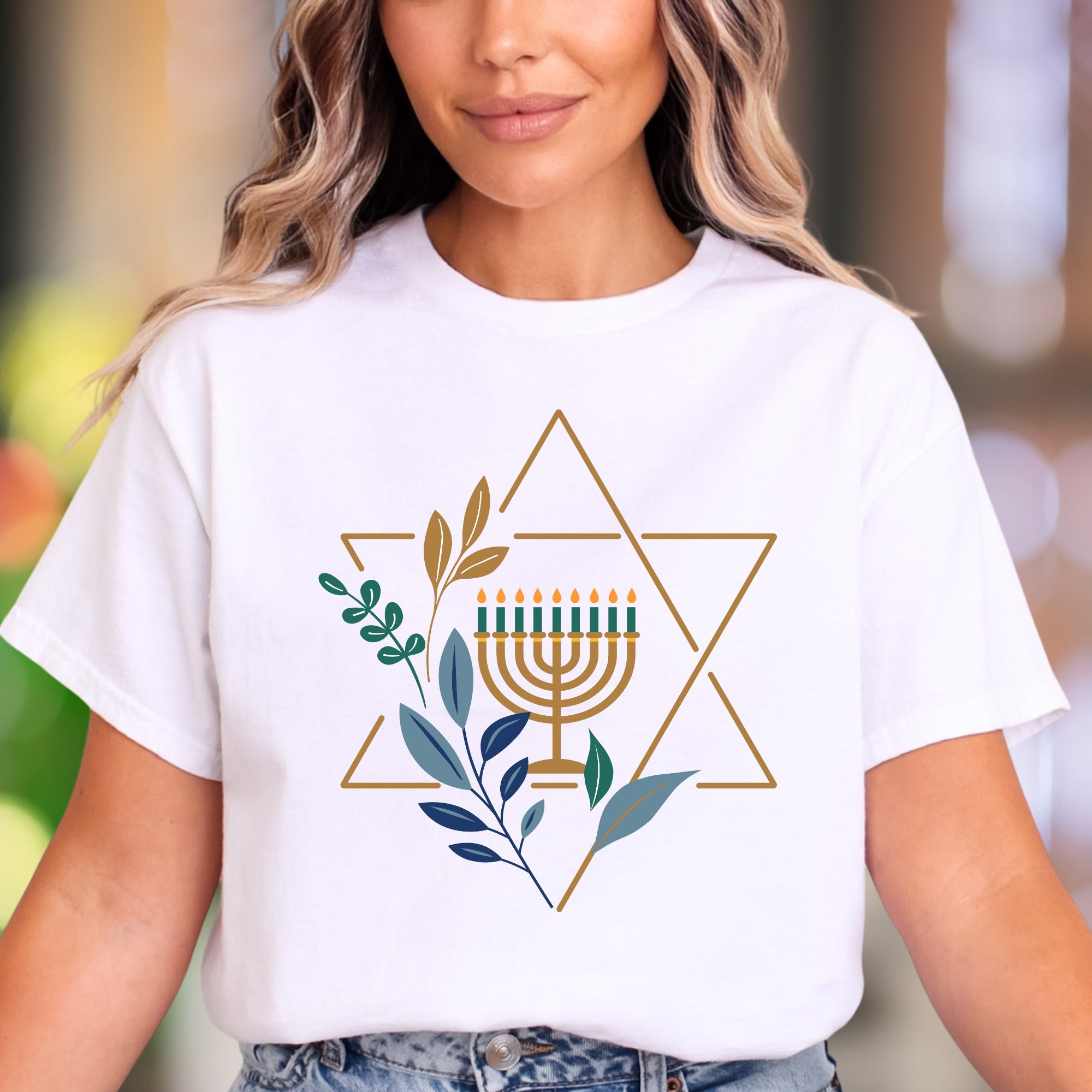 "Menorah & Star" | Modern Hanukkah Unisex Adult T-Shirt | Festive Holiday Wear