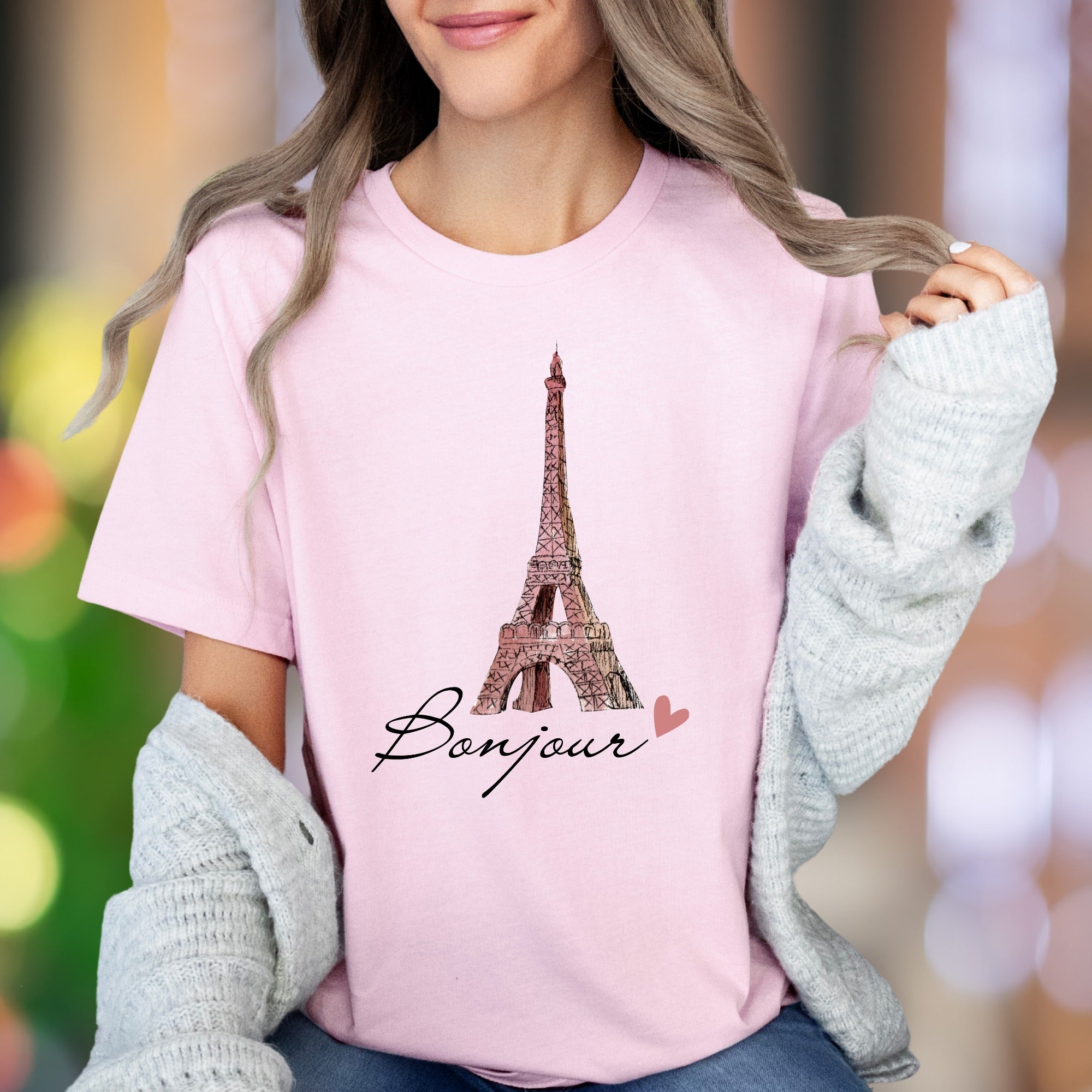 "Bonjour" | Watercolor Eiffel Tower Unisex Adult T-Shirt | Parisian Chic Lifestyle