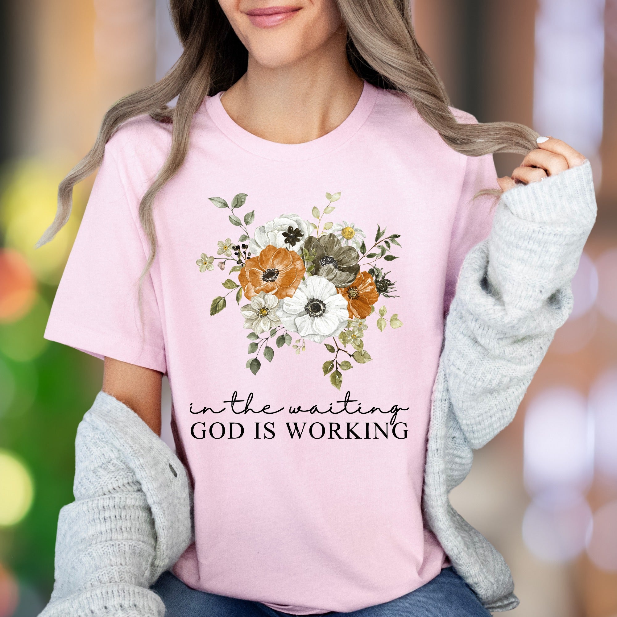 “In The Waiting God Is Working" | Floral Graphic Unisex Adult T-Shirt | Inspirational Lifestyle