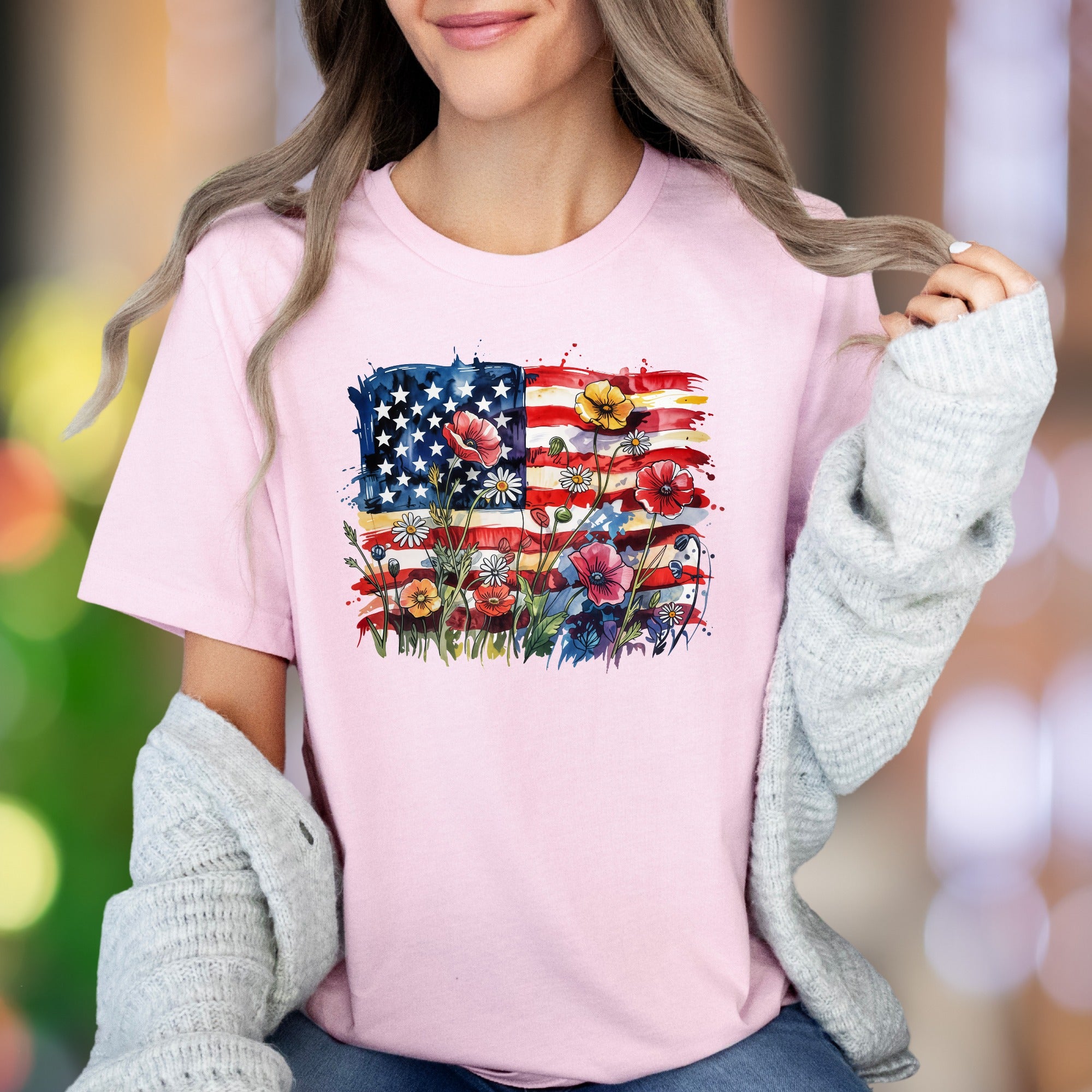 "Floral Flag Sketch" | Watercolor Graphic Unisex Adult T-Shirt | Patriotic Expression