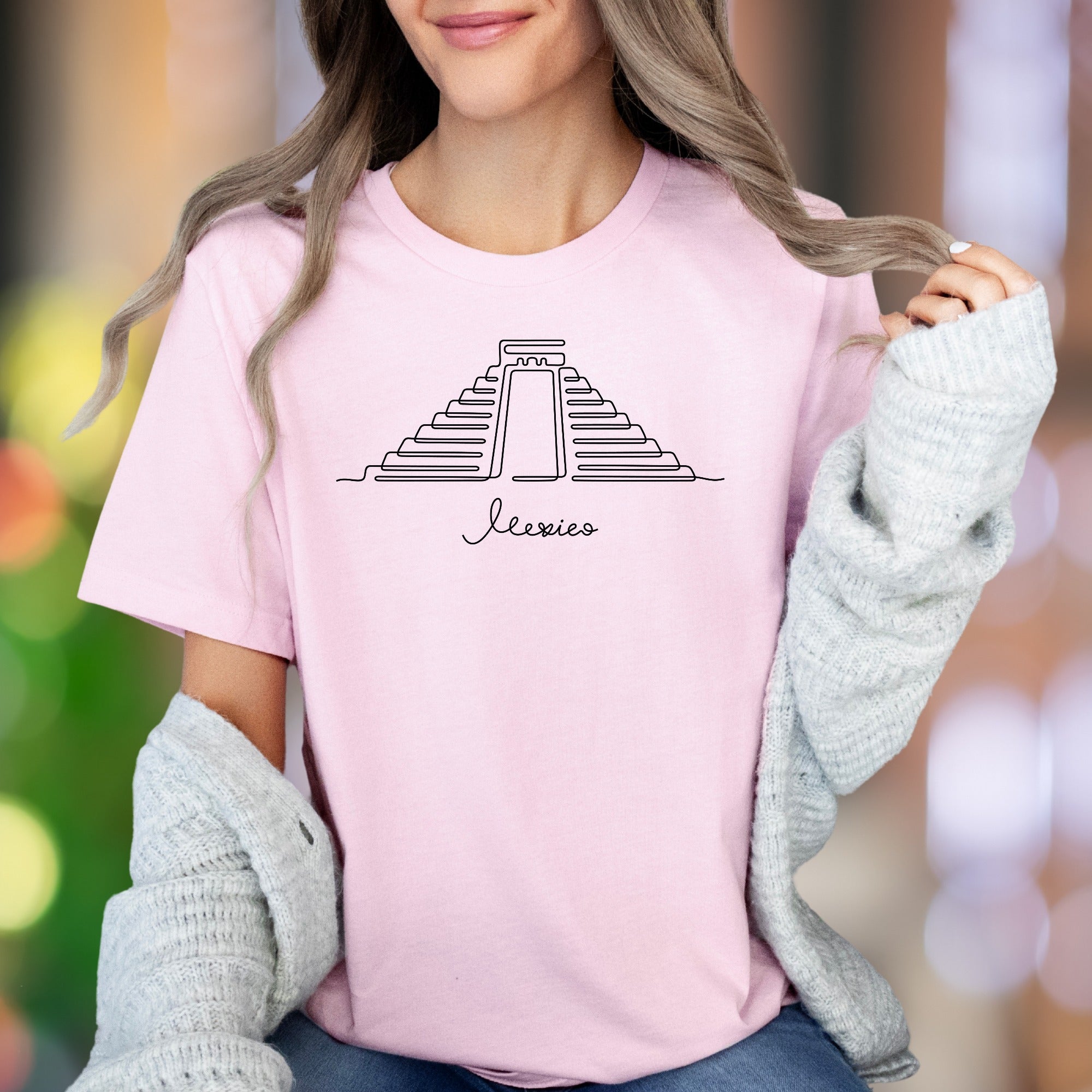 "Mexico" | Minimal Outline Aztec Pyramid Unisex Adult T-Shirt | Travel & Culture Lifestyle