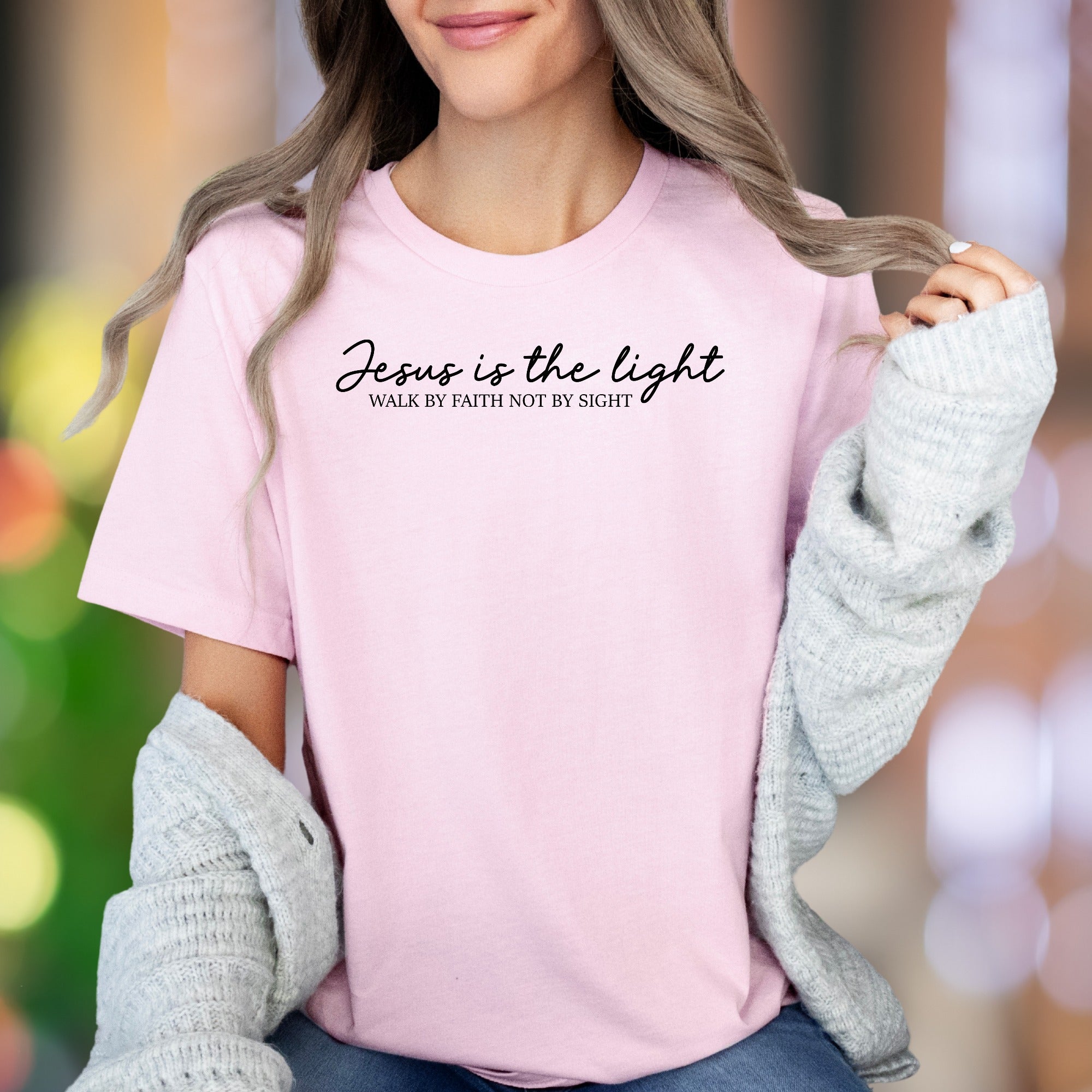 "Jesus is the light | Walk by faith not by sight" | Script Typography Unisex Adult T-Shirt | Inspirational Lifestyle