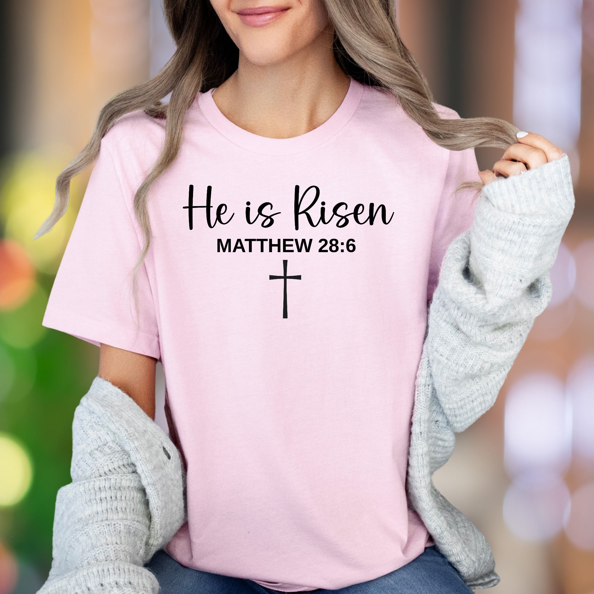 "He is Risen Matthew 28:6" | Modern Script Graphic Unisex Adult T-Shirt | Faith-Inspired Apparel