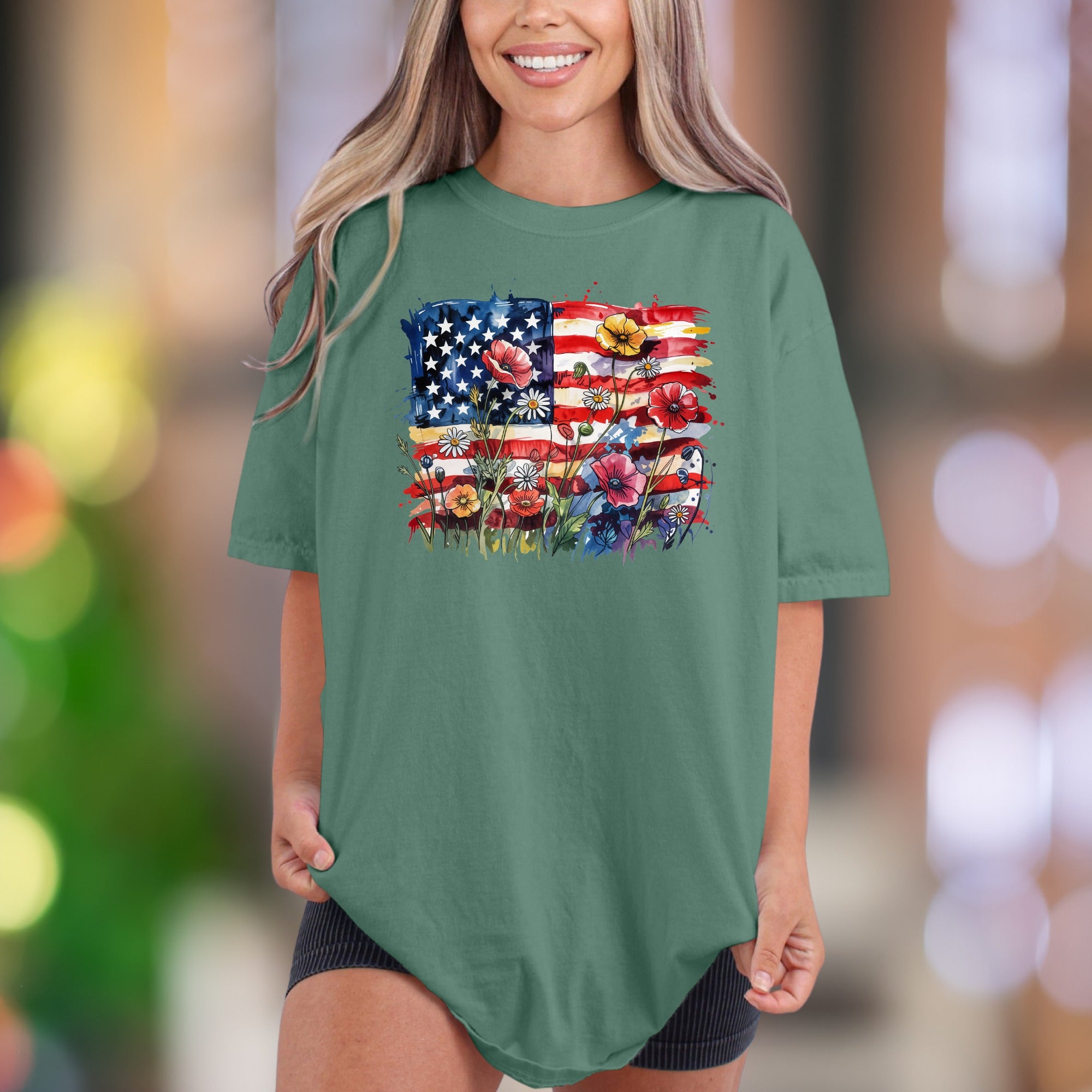 Floral America Flag Watercolor | Comfort Colors Unisex Adult T-Shirt | Patriotic Bloom