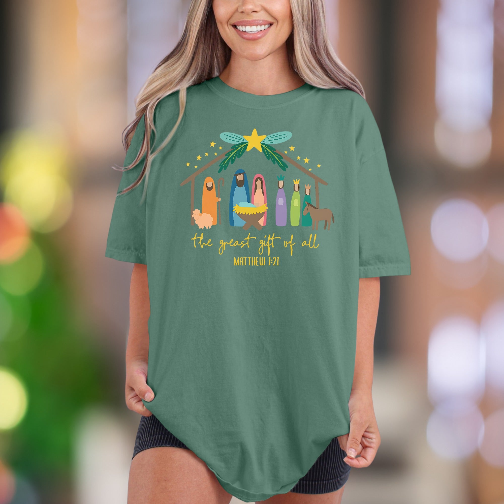 "the greast gift of all MATTHEW 1-21" | Comfort Colors Unisex Adult T-Shirt | Nativity Scene Graphic Tee