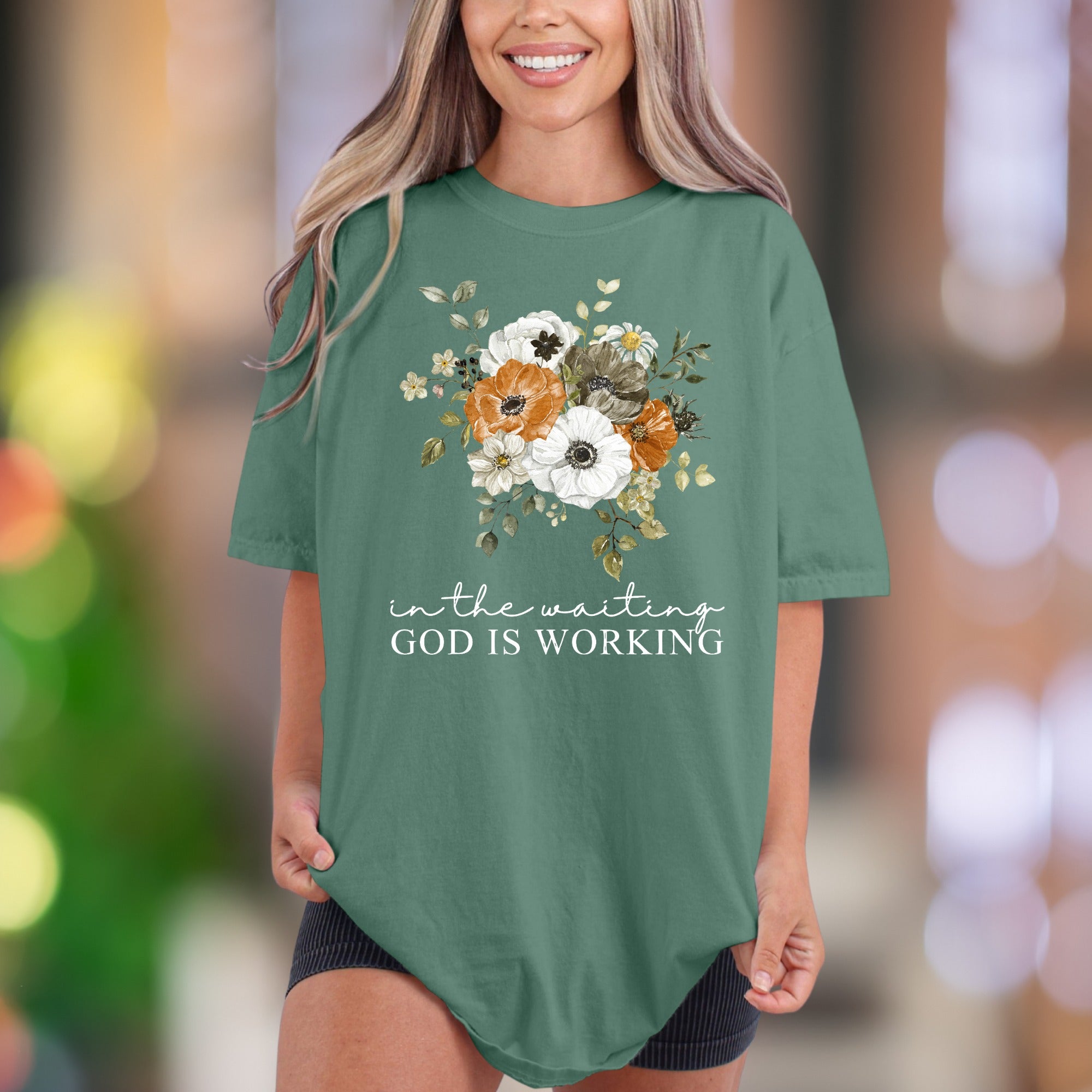 "In The Waiting God Is Working" | Comfort Colors Unisex Adult T-Shirt | Floral Motivational Style