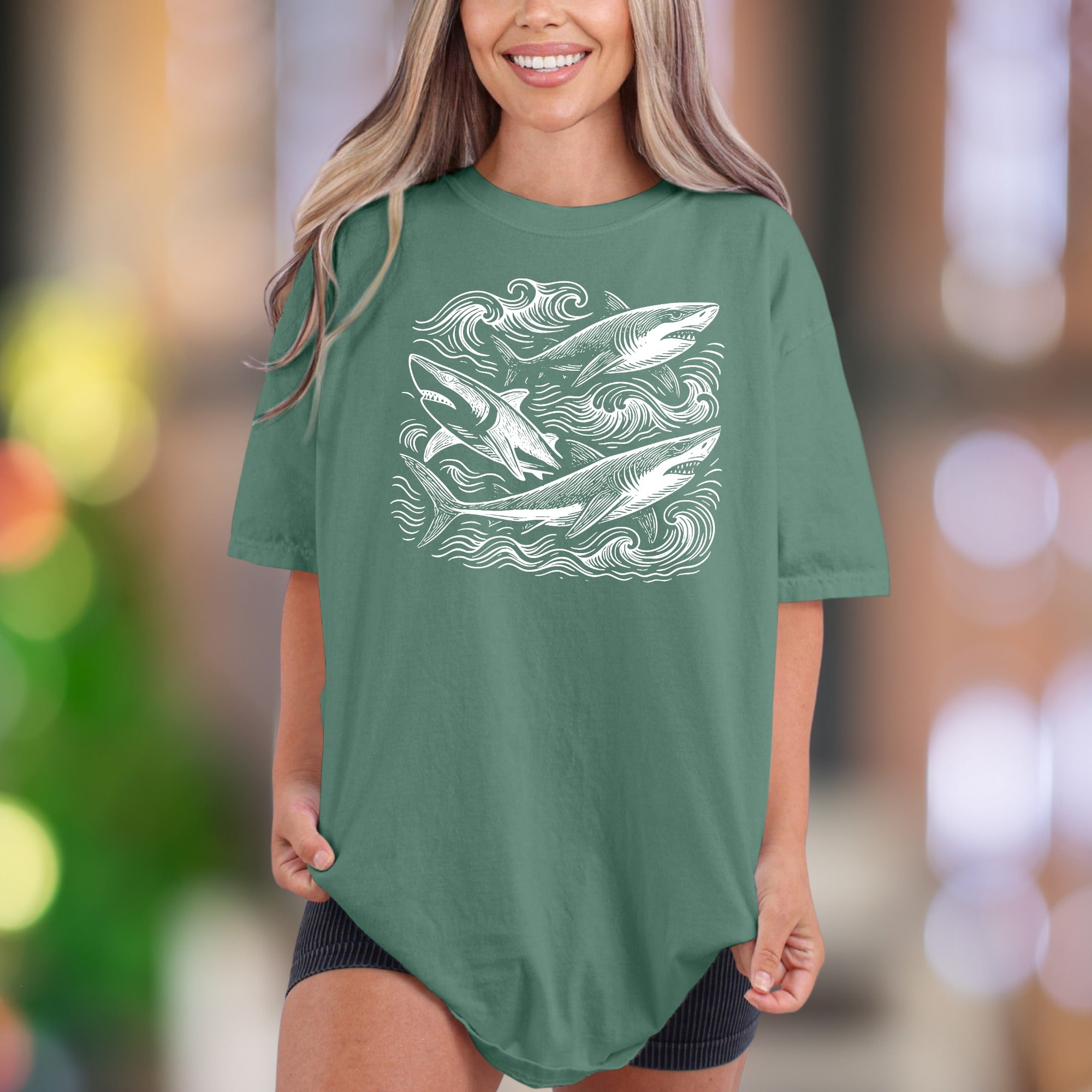Ocean Waves & Sharks Sketch | Comfort Colors Unisex Adult T-Shirt | Coastal Lifestyle