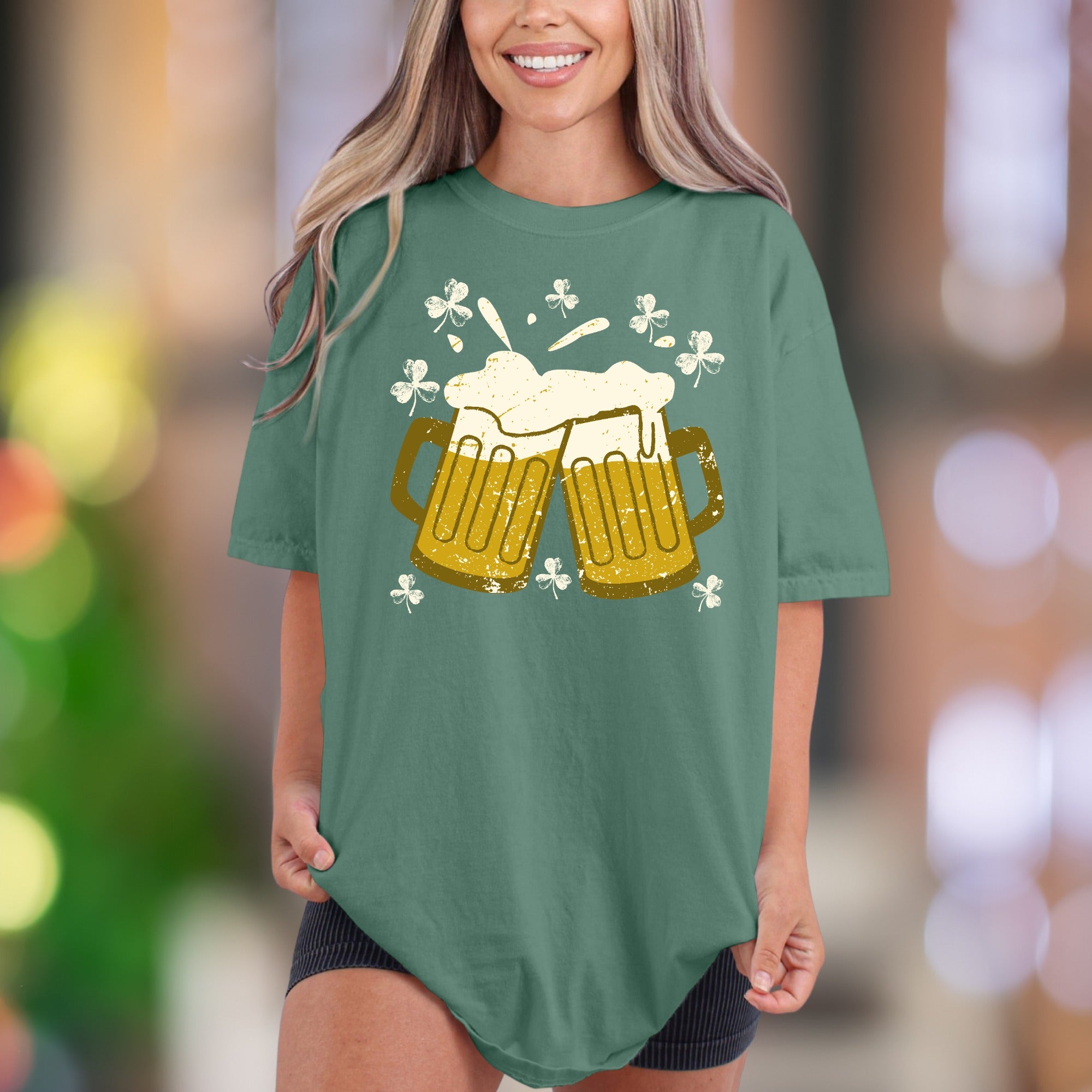 Sláinte! Cheers Beer Mugs with Shamrocks | Comfort Colors Unisex Adult T-Shirt | Distressed St. Patrick's Day Style