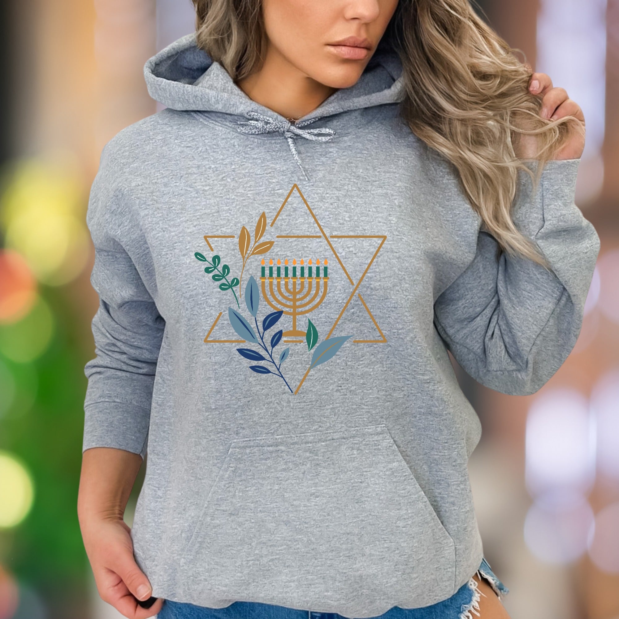 Star of David & Menorah Symbol | Evergreen Graphic Unisex Adult Hoodie | Spiritual Lifestyle