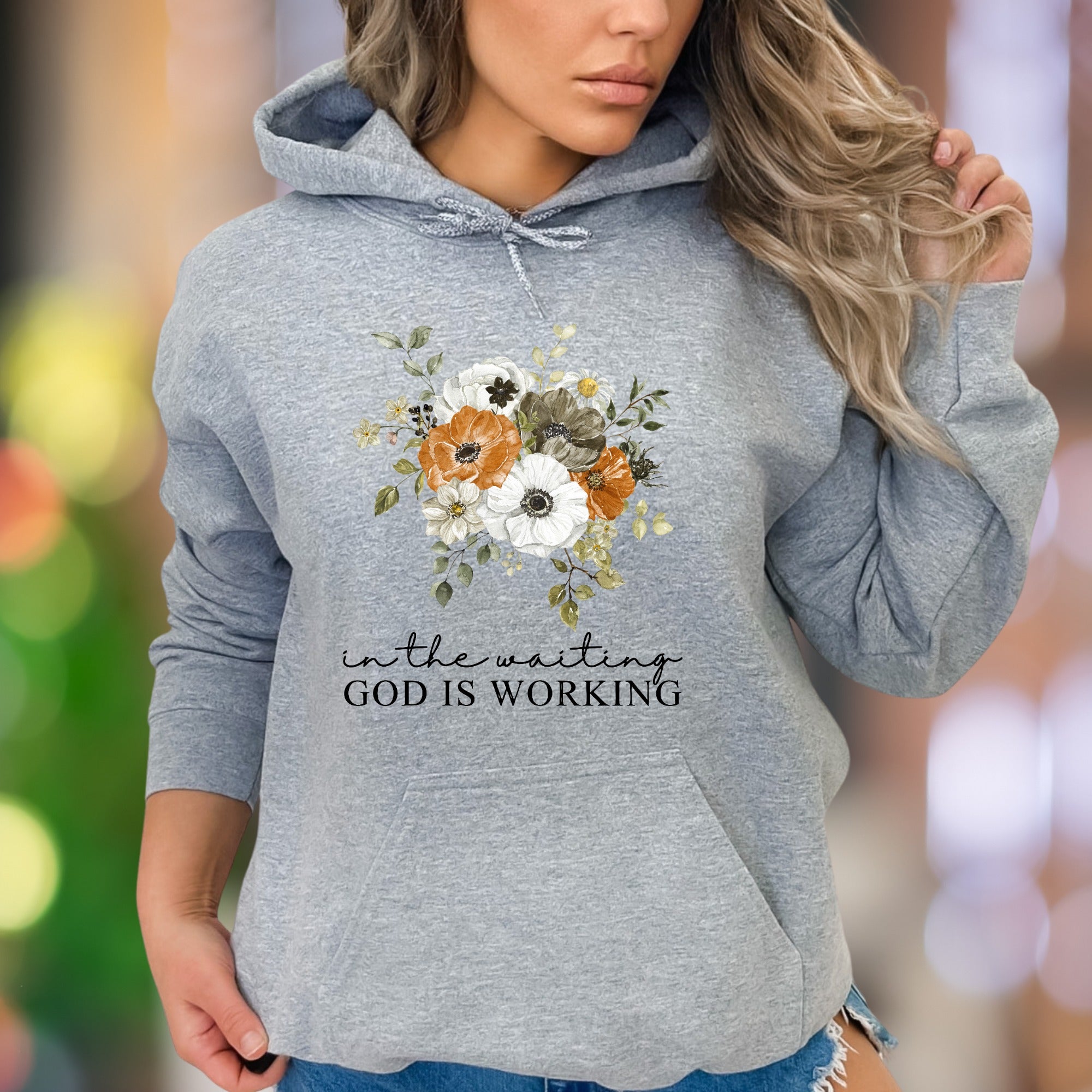 "In The Waiting God Is Working" | Floral Graphic Unisex Adult Hoodie | Motivational Lifestyle