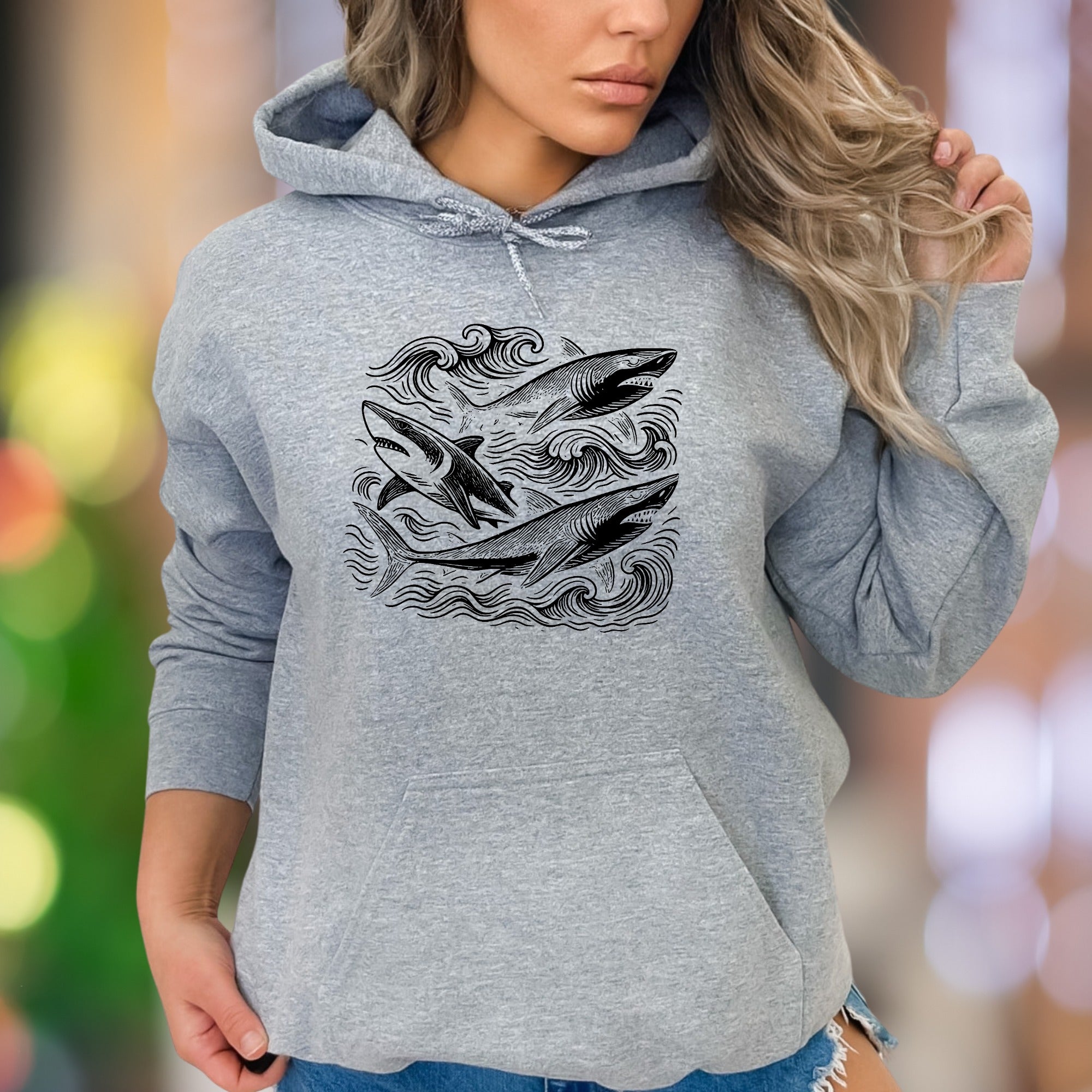"Ocean Waves & Sharks" | Hand-Drawn Graphic Unisex Adult Hoodie | Nature Outdoor Lifestyle