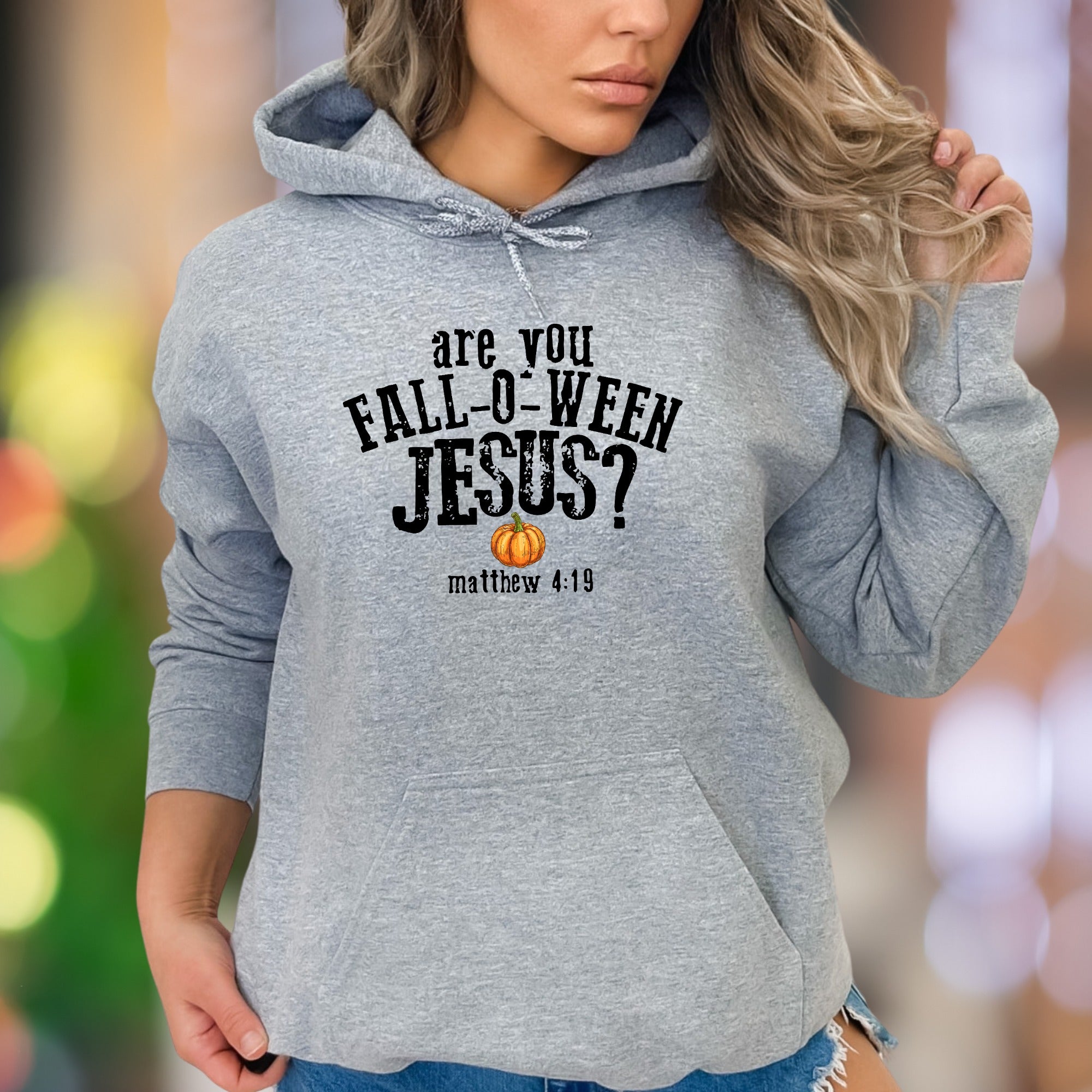 "Are You Fall-o-ween Jesus? Matthew 4:19" | Bold Typography Unisex Adult Hoodie | Humorous Lifestyle