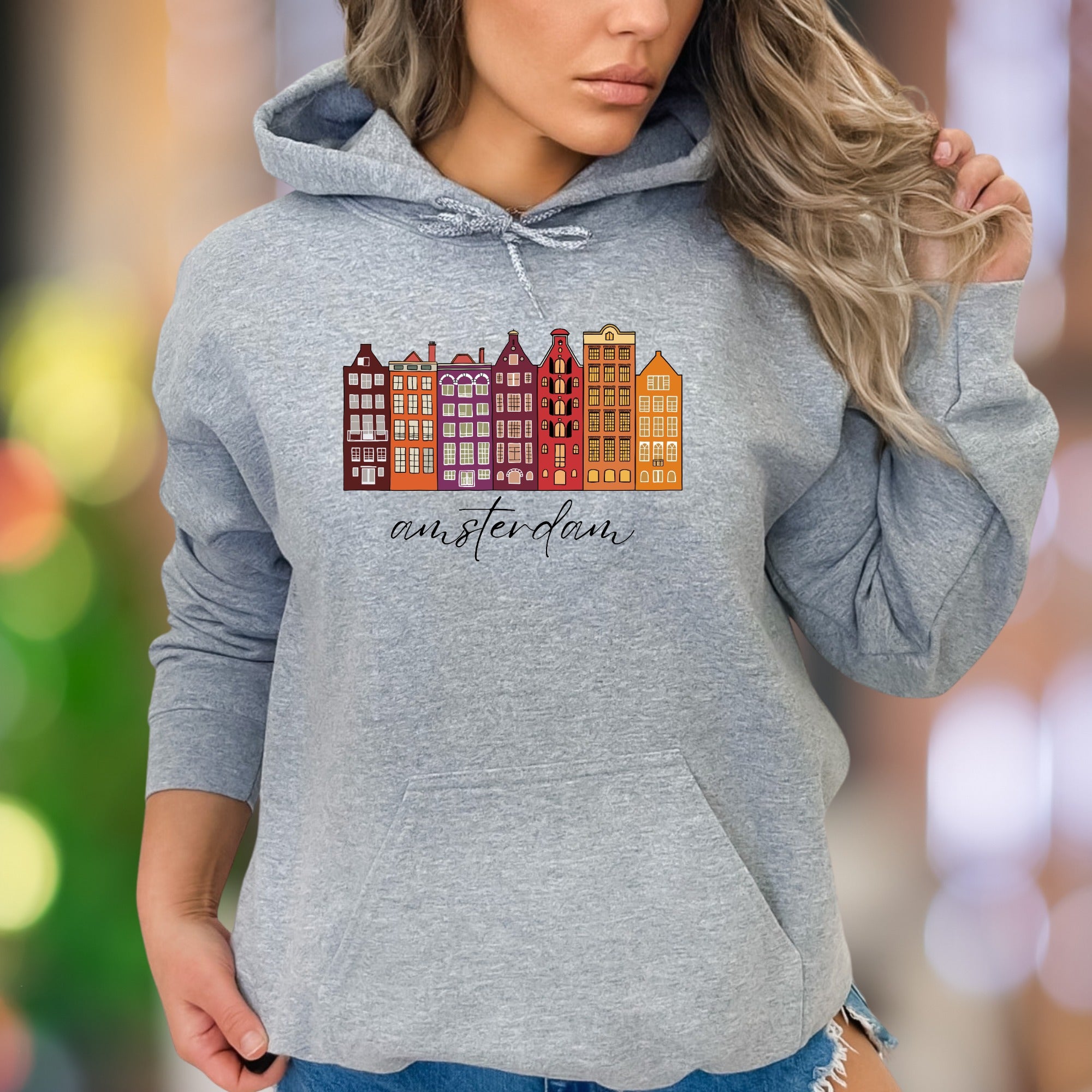 "amsterdam" | Illustrated Cityscape Unisex Adult Hoodie | Travel Lifestyle