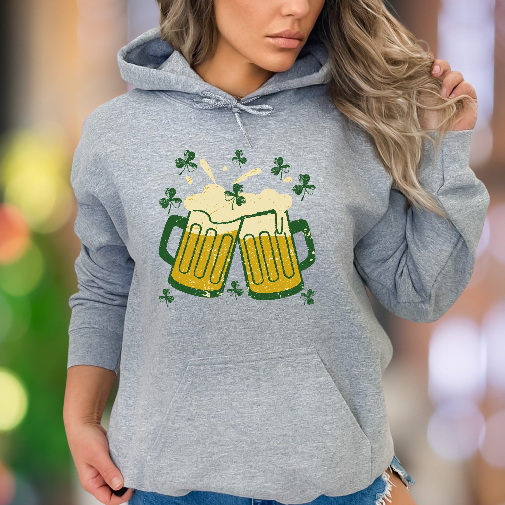 "Cheers & Shamrocks" | Distressed Graphic Unisex Adult Hoodie | St. Patrick's Day Fun