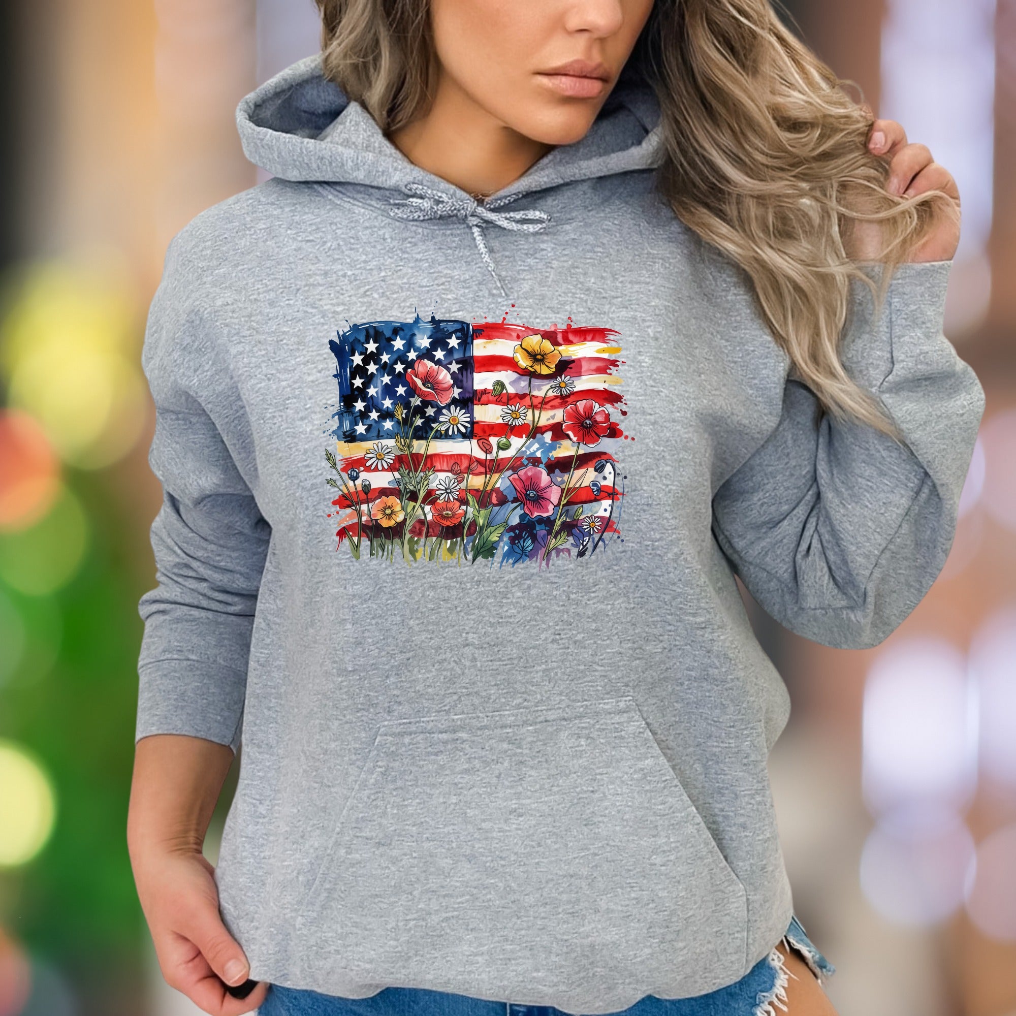 "Bloom With Patriotism" | Rustic Floral Flag Unisex Adult Hoodie | Nature-Inspired Lifestyle