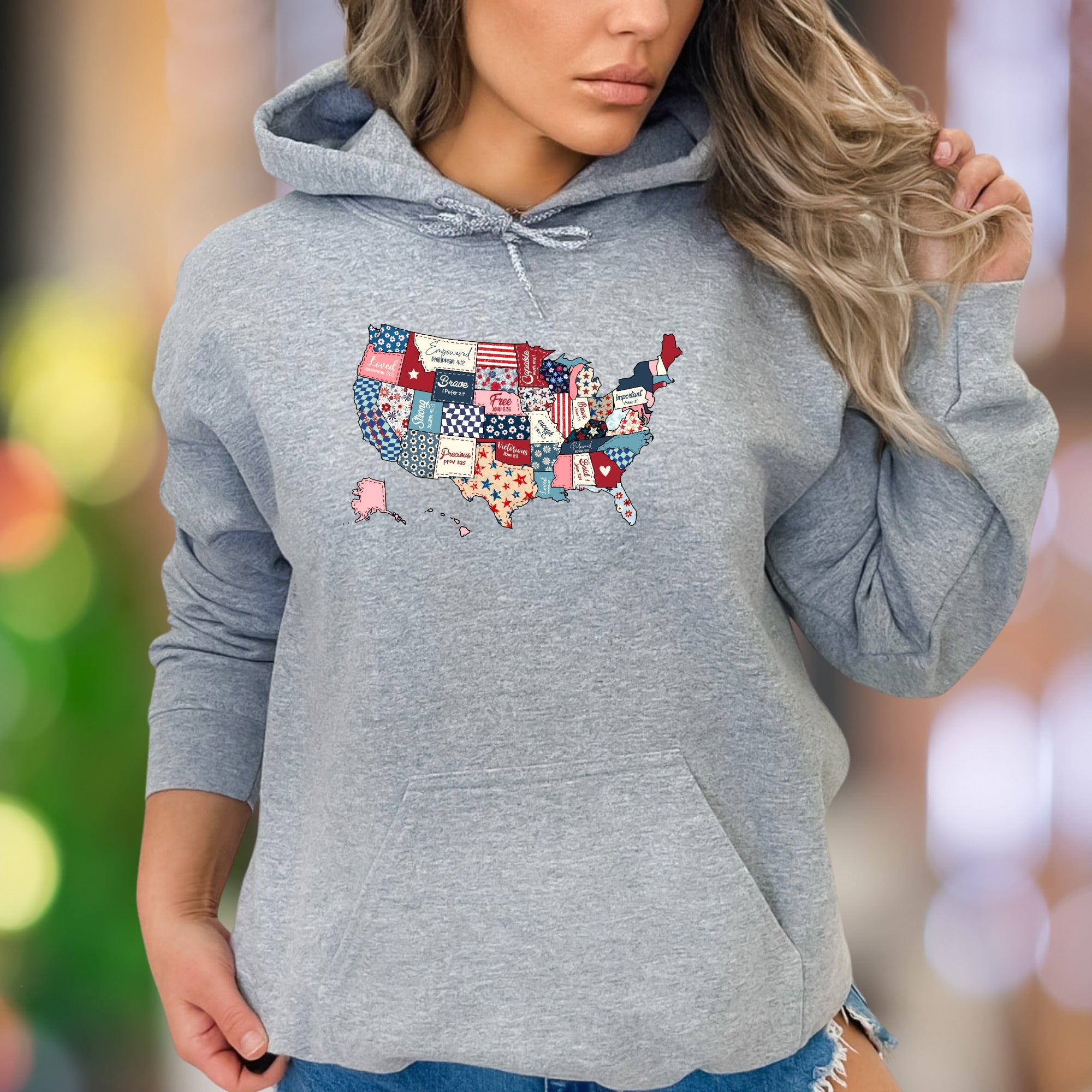 "Loved. Empowered. Brave. Free. Precious. Victorious. Important." | Patchwork USA Map Unisex Adult Hoodie | Motivational Identity