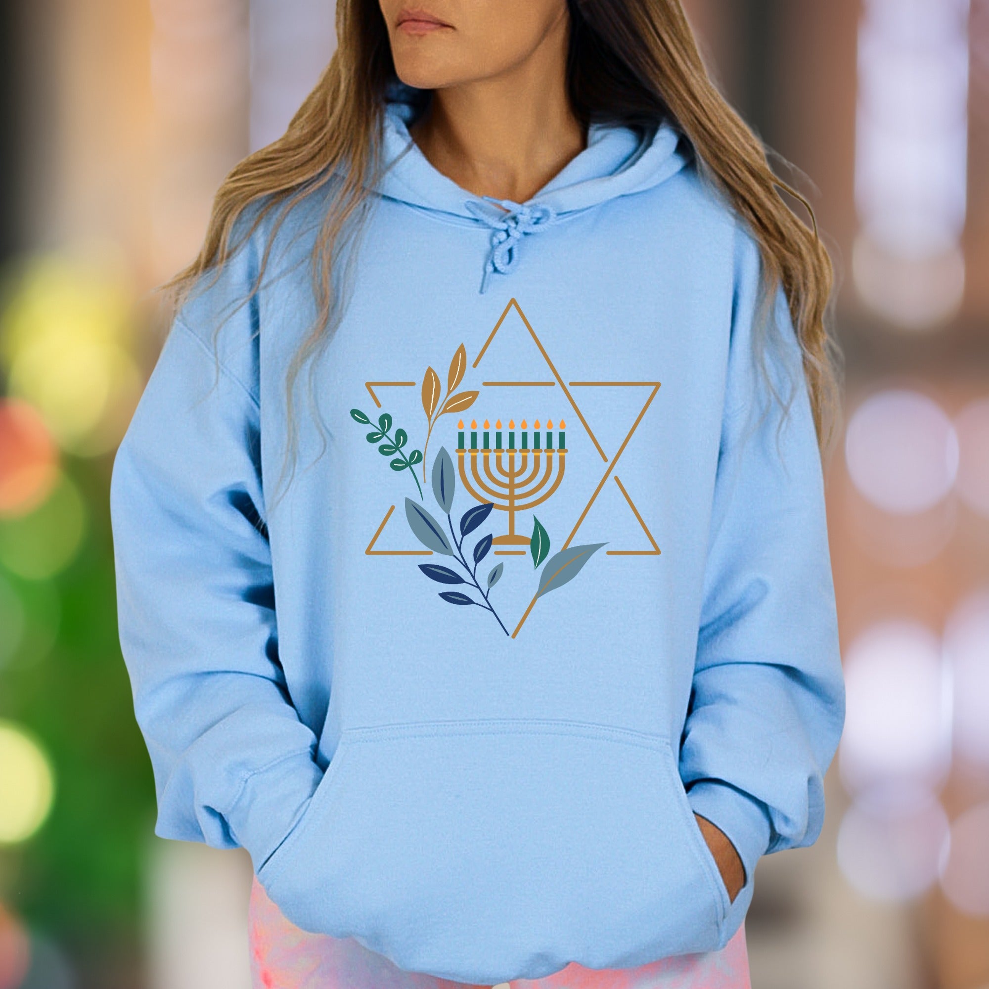 Star of David & Menorah Symbol | Evergreen Graphic Unisex Adult Hoodie | Spiritual Lifestyle
