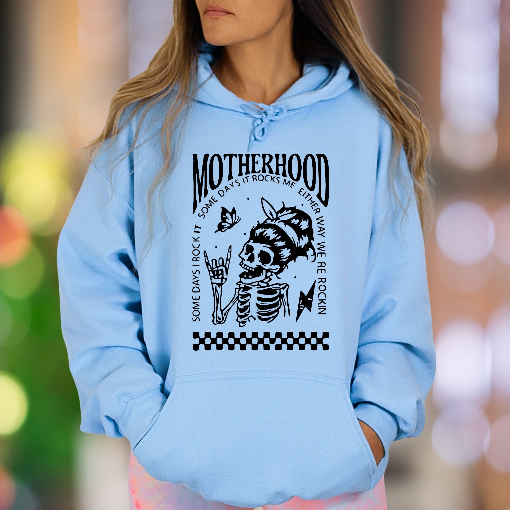 "Motherhood: Some Days It Rocks Me" | Vintage Skull Unisex Adult Hoodie | Parental Humor
