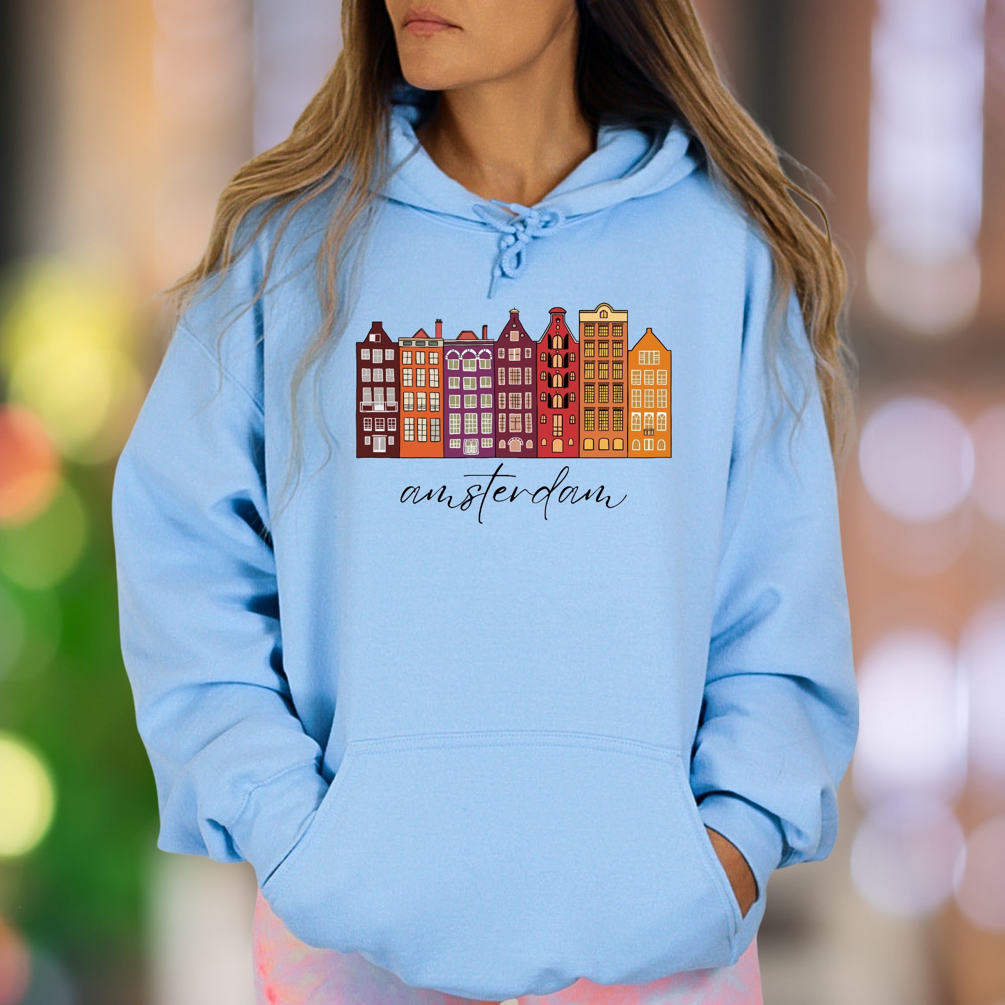 "amsterdam" | Illustrated Cityscape Unisex Adult Hoodie | Travel Lifestyle