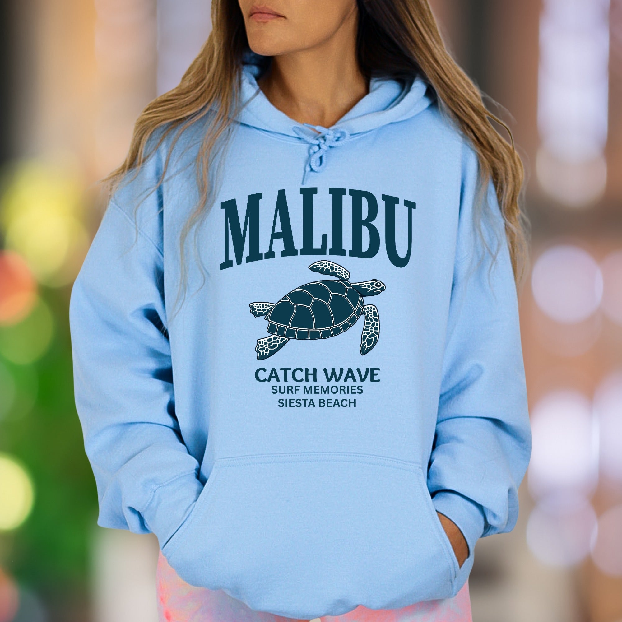 "MALIBU Catch Wave Surf Memories" | Retro Beach Unisex Adult Hoodie | Coastal Lifestyle