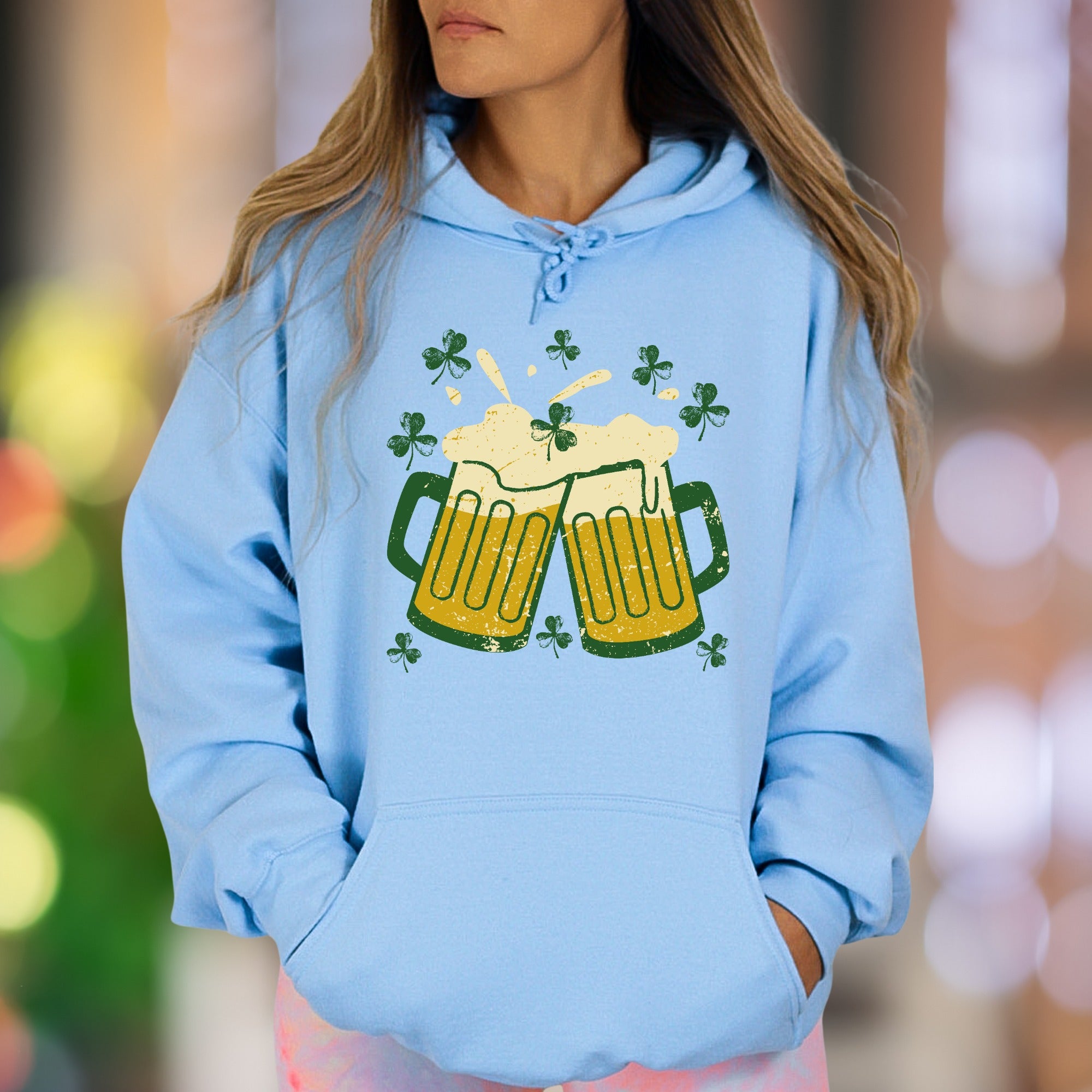 "Cheers & Shamrocks" | Distressed Graphic Unisex Adult Hoodie | St. Patrick's Day Fun