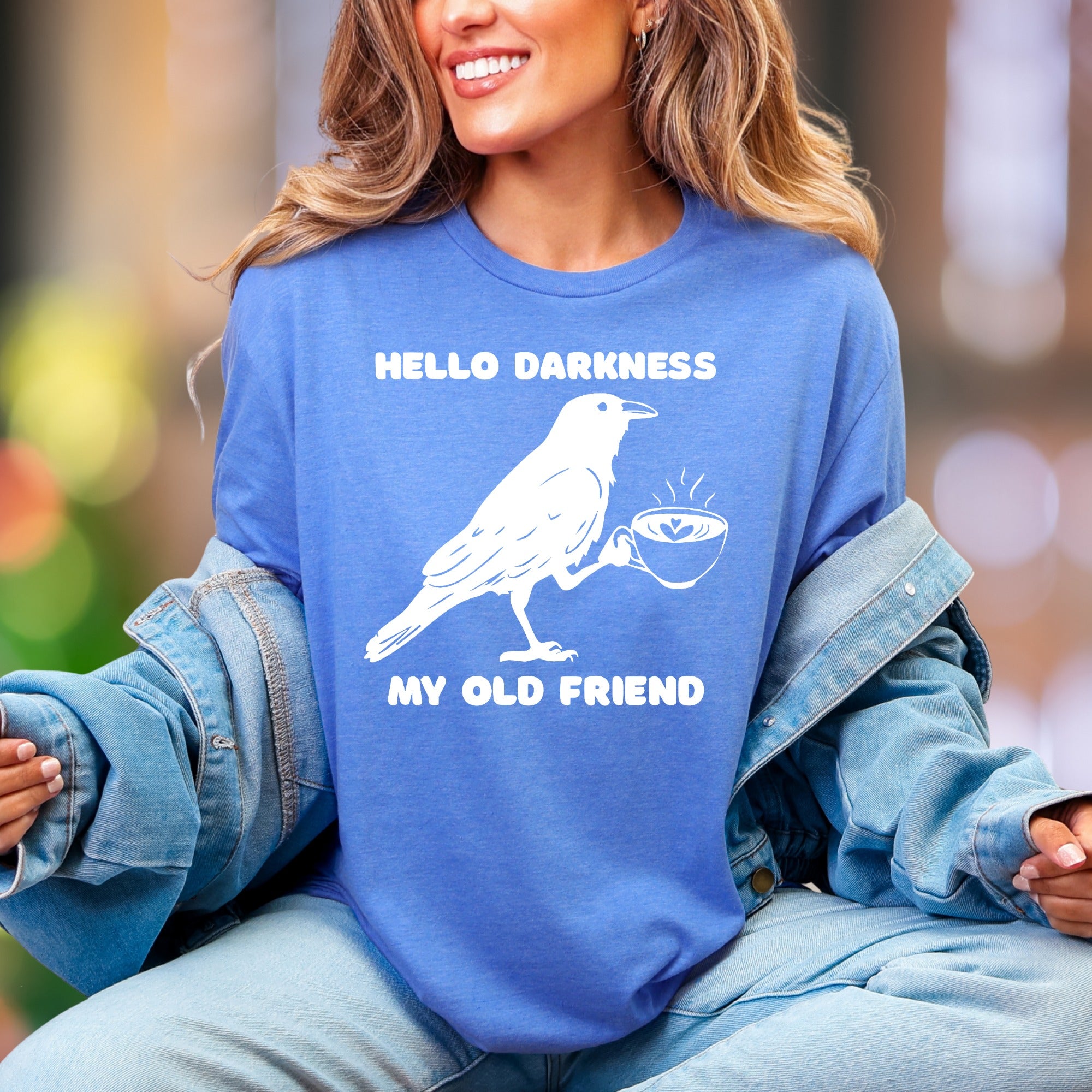 "Hello Darkness My Old Friend" | Funny Crow Coffee Unisex Adult T-Shirt | Sarcastic Lifestyle