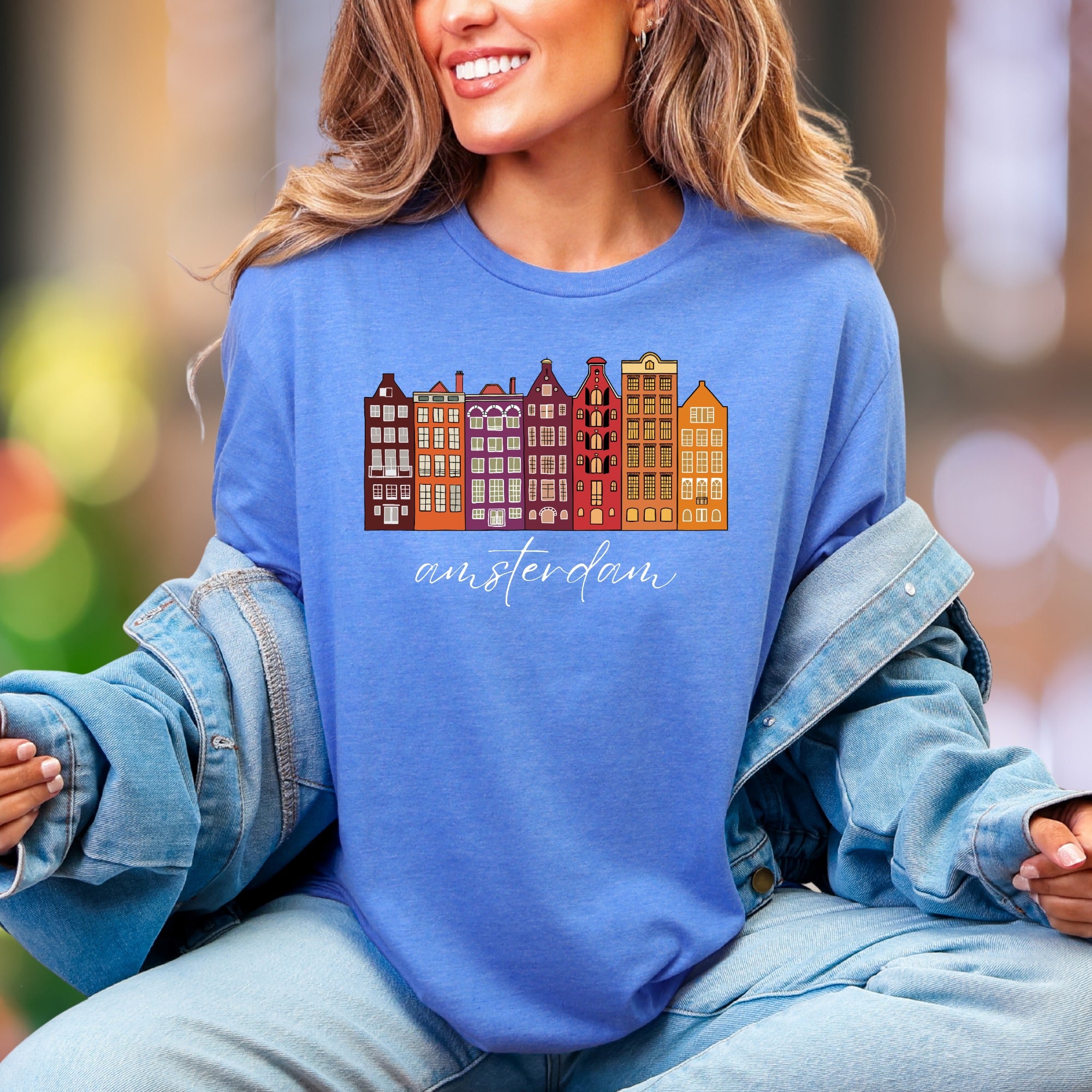"amsterdam" | Colorful Cityscape Unisex Adult T-Shirt | Travel & Culture Apparel