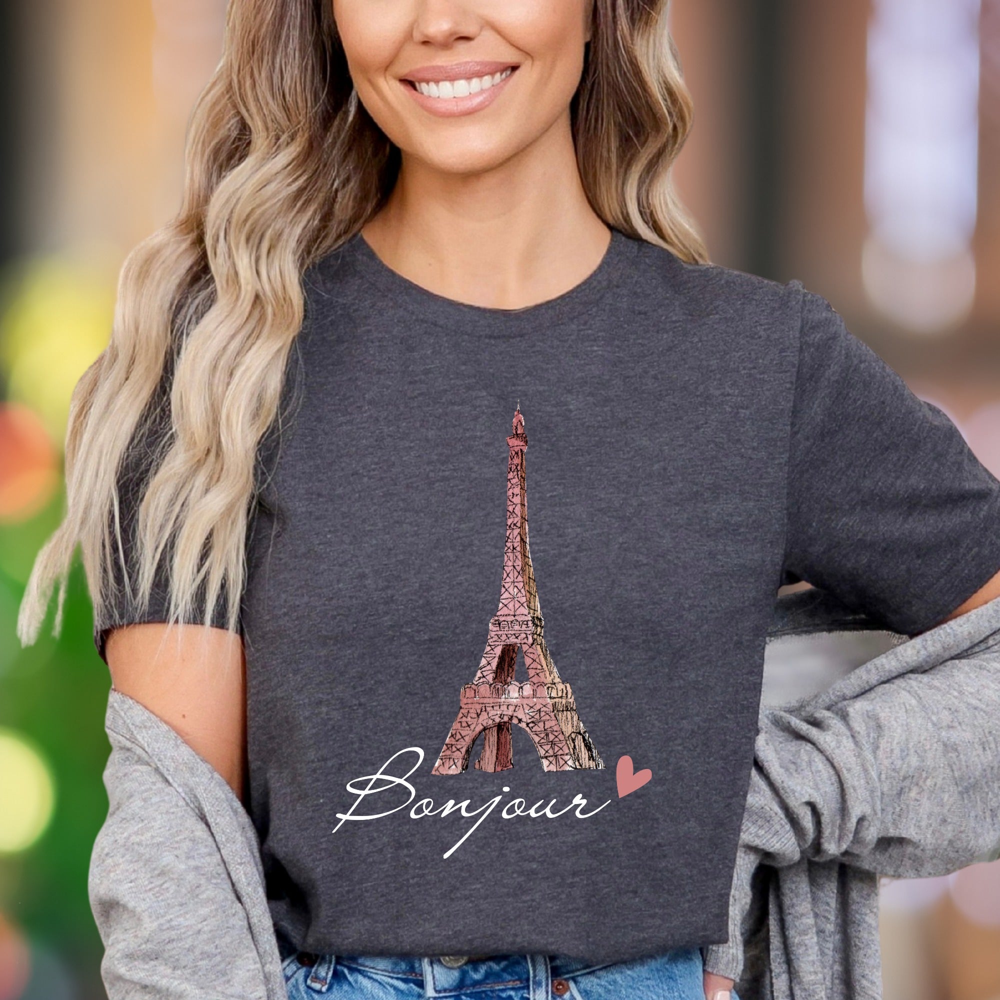 "Bonjour" | Watercolor Eiffel Tower Unisex Adult T-Shirt | Parisian Chic Lifestyle