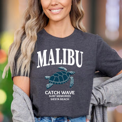 "MALIBU Catch Wave Surf Memories Siesta Beach" | Retro Island Graphic Unisex Adult T-Shirt | Beach Lifestyle
