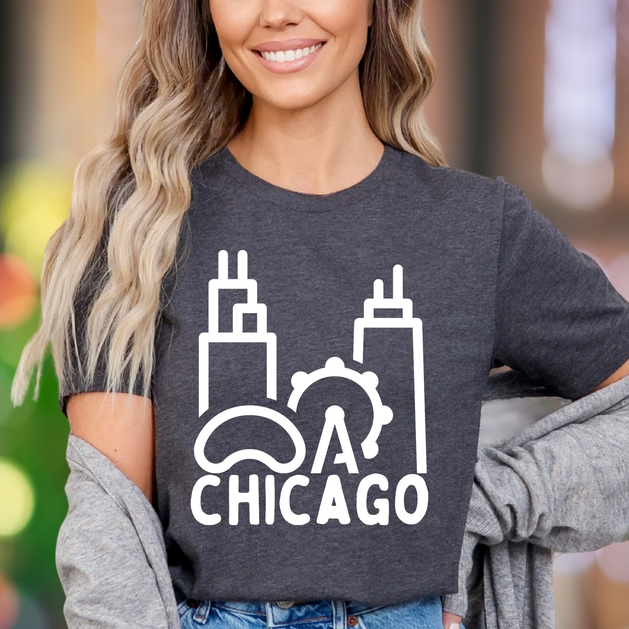 "Chicago Landmarks" | Minimal Cityscape Unisex Adult T-Shirt | Travel & Local Pride