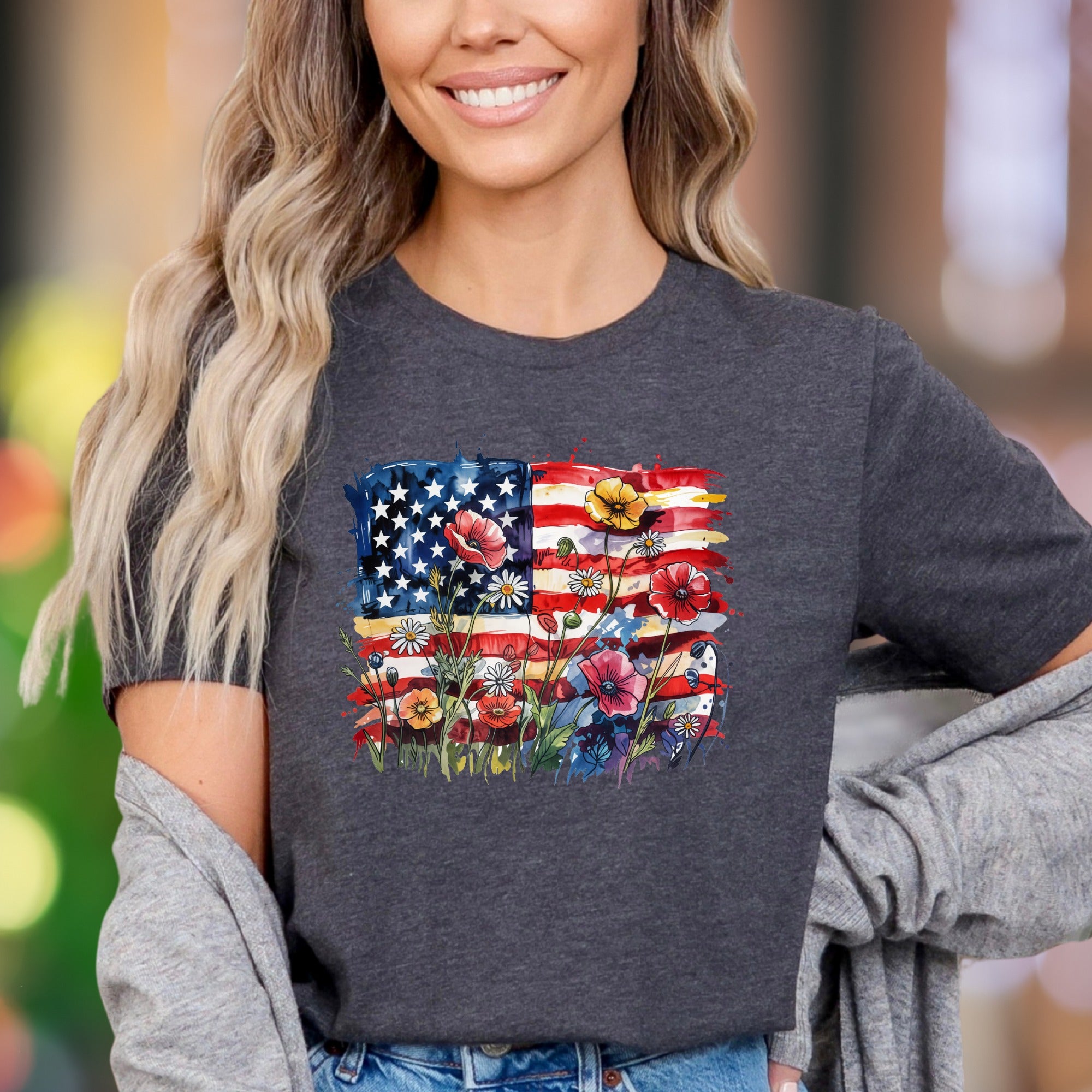 "Floral Flag Sketch" | Watercolor Graphic Unisex Adult T-Shirt | Patriotic Expression