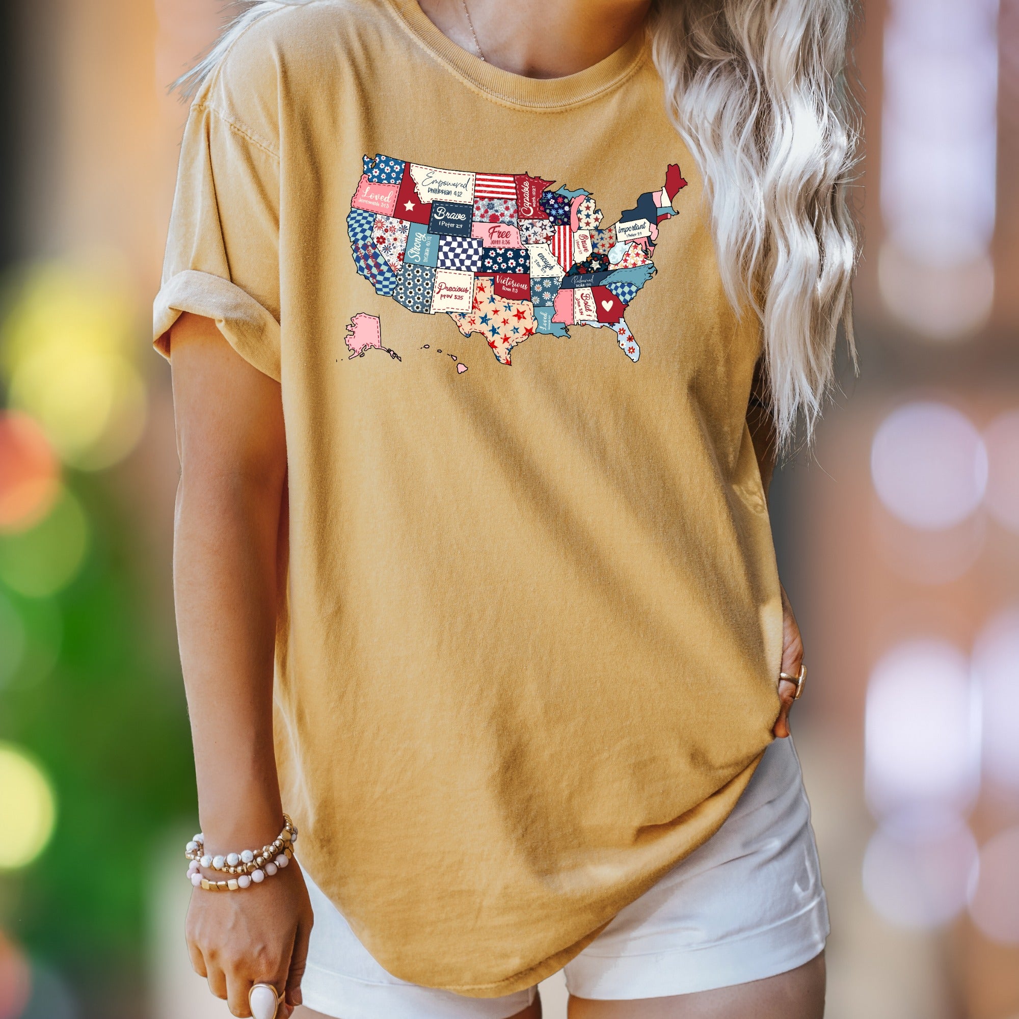 "Loved, Empowered, Brave, Free, Victorious" | Comfort Colors Unisex Adult T-Shirt | Patriotic Quilt Map Style