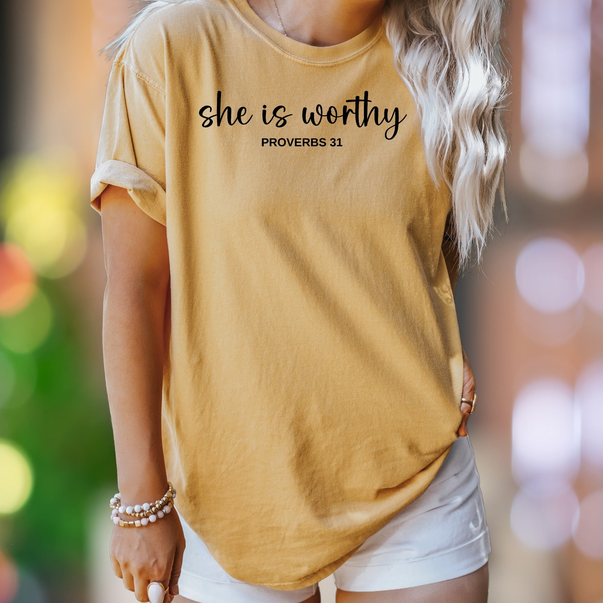 "she is worthy PROVERBS 31" | Comfort Colors Unisex Adult T-Shirt | Empowering Faith Tee