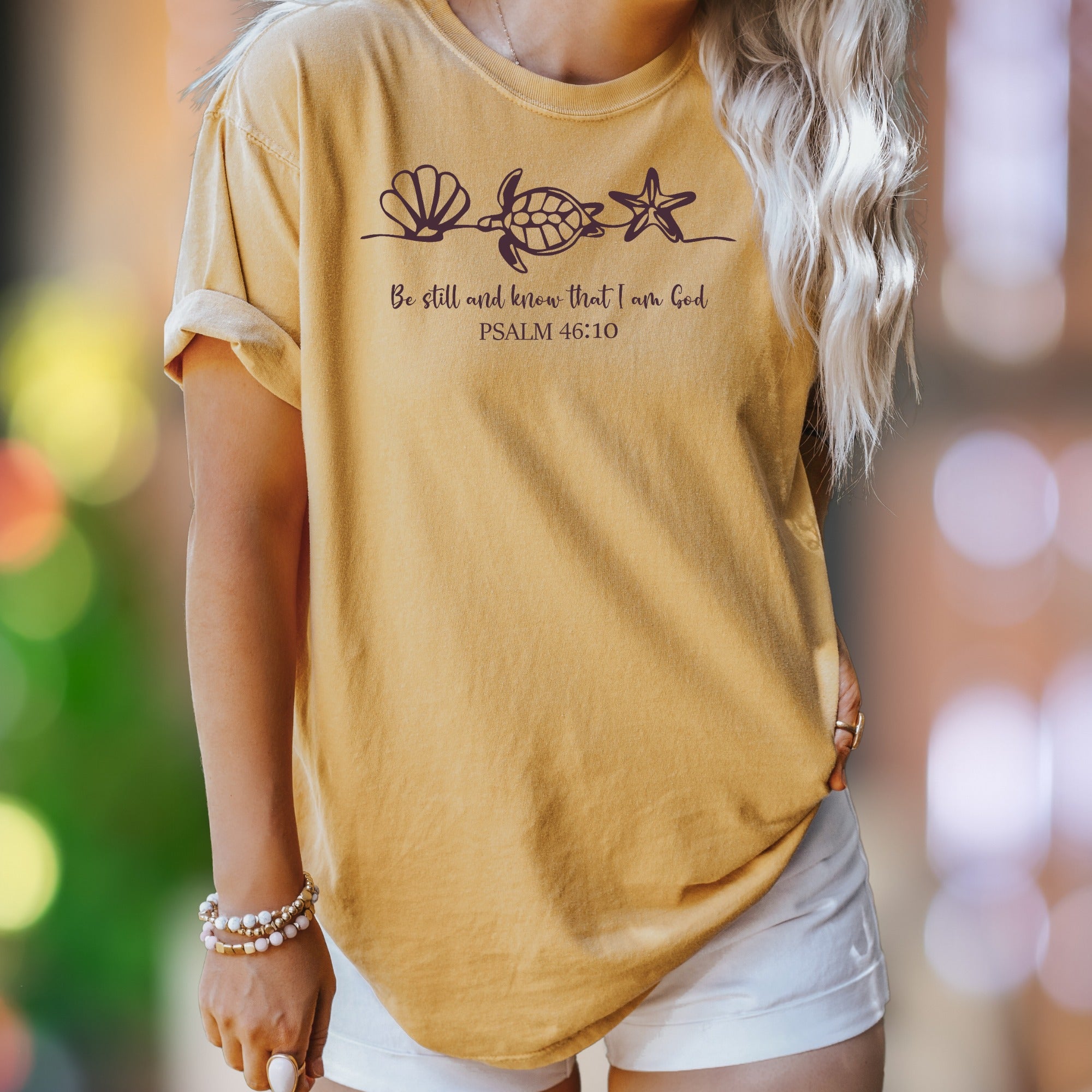"Be Still and Know That I Am God" | Comfort Colors Unisex Adult T-Shirt | Seashell Turtle Starfish Design