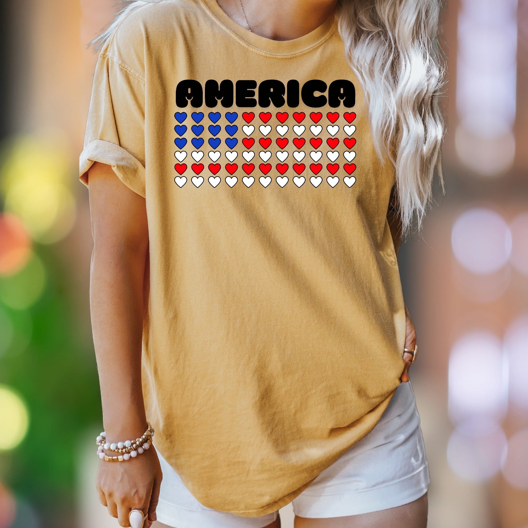 "AMERICA" Hearts Flag | Comfort Colors Unisex Adult T-Shirt | Patriotic Lifestyle Tee