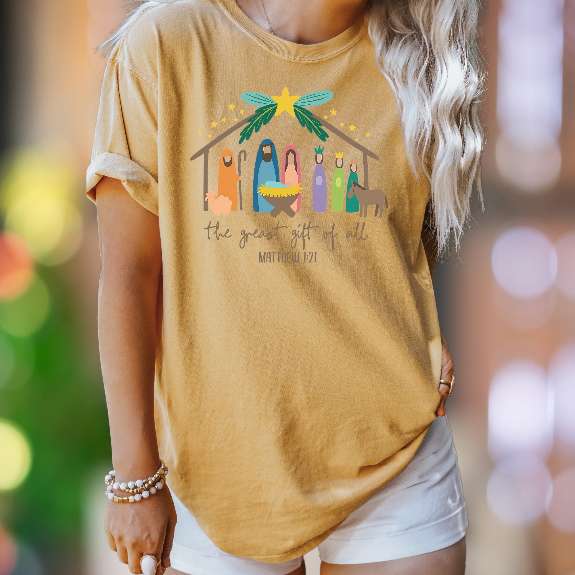 "the greast gift of all MATTHEW 1-21" | Comfort Colors Unisex Adult T-Shirt | Nativity Scene Graphic Tee