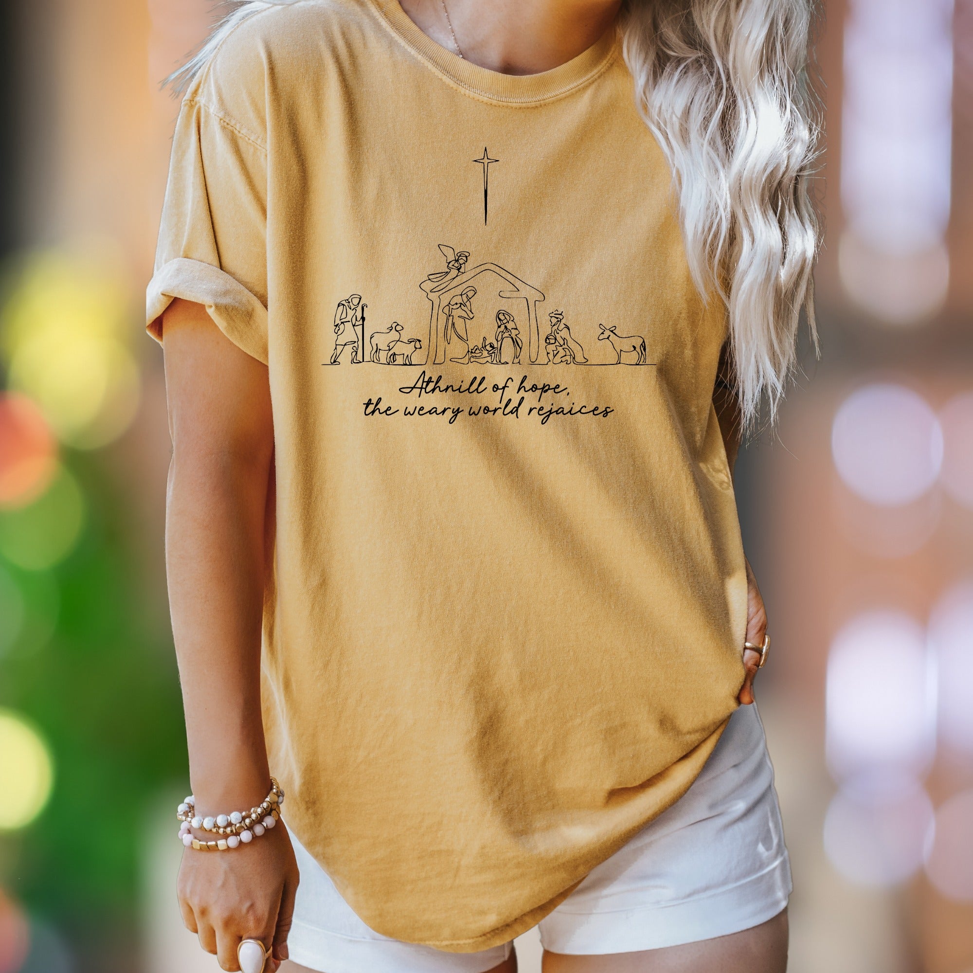 "A thrill of hope, the weary world rejoices" | Comfort Colors Unisex Adult T-Shirt | Minimal Nativity Scene