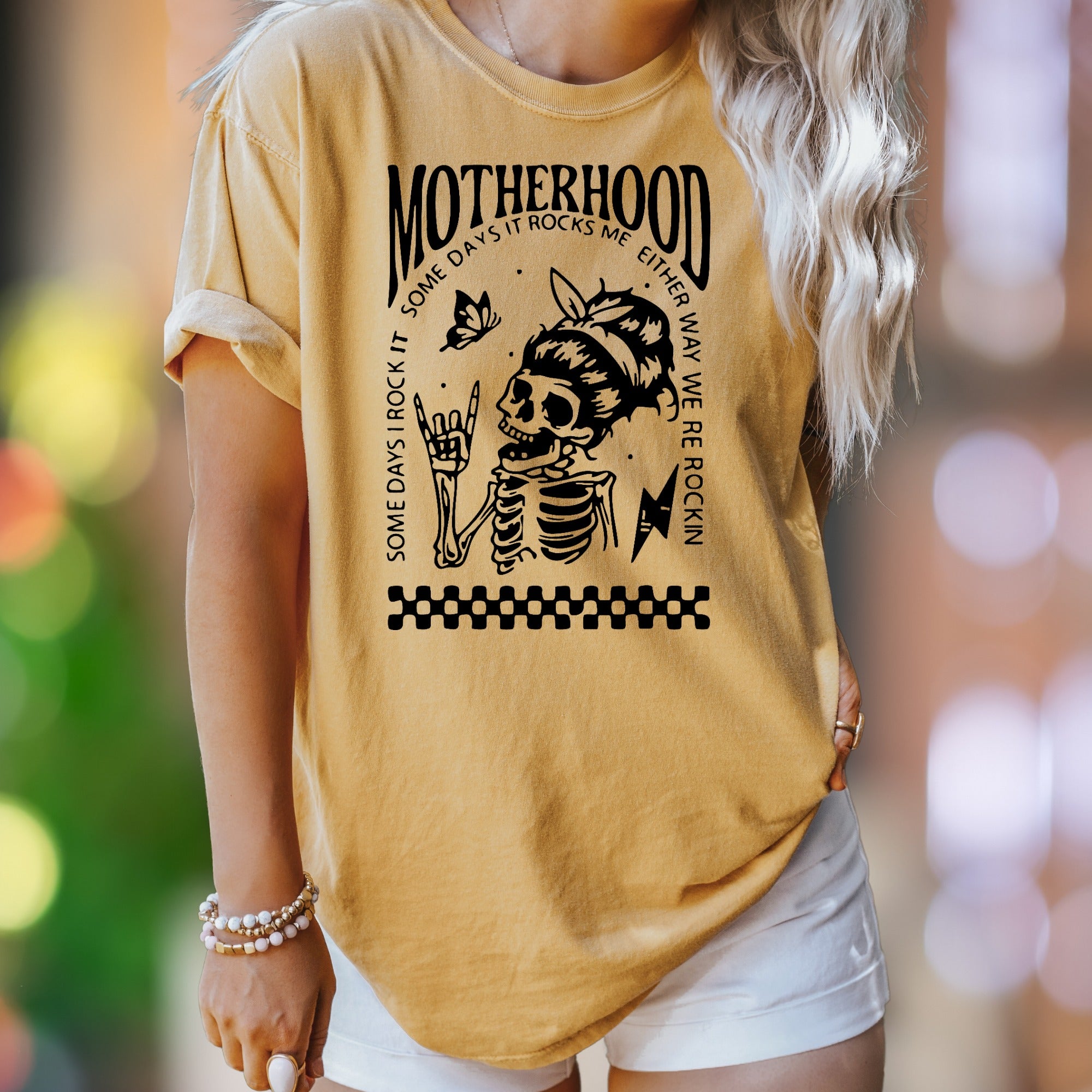 "Motherhood: Some Days I Rock It, Some Days It Rocks Me, Either Way We're Rockin'" | Comfort Colors Unisex Adult T-Shirt | Rocker Mom Lifestyle