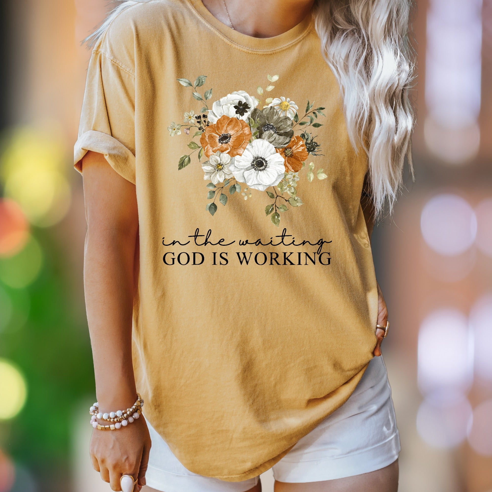 "In The Waiting God Is Working" | Comfort Colors Unisex Adult T-Shirt | Floral Motivational Style