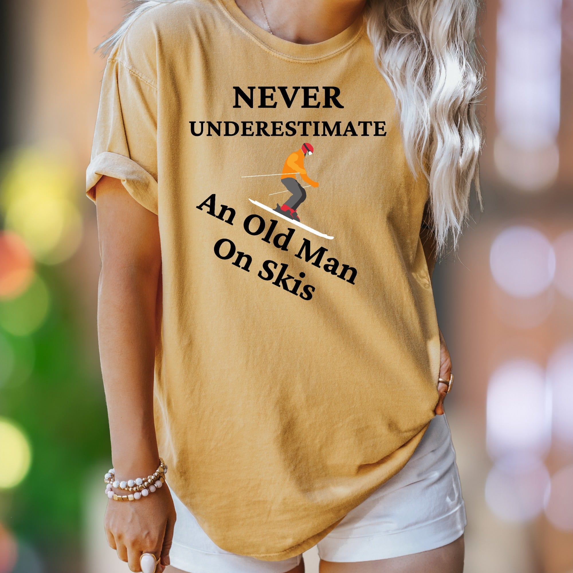 "Never Underestimate An Old Man On Skis" | Comfort Colors Unisex Adult T-Shirt | Funny Skiing Lifestyle