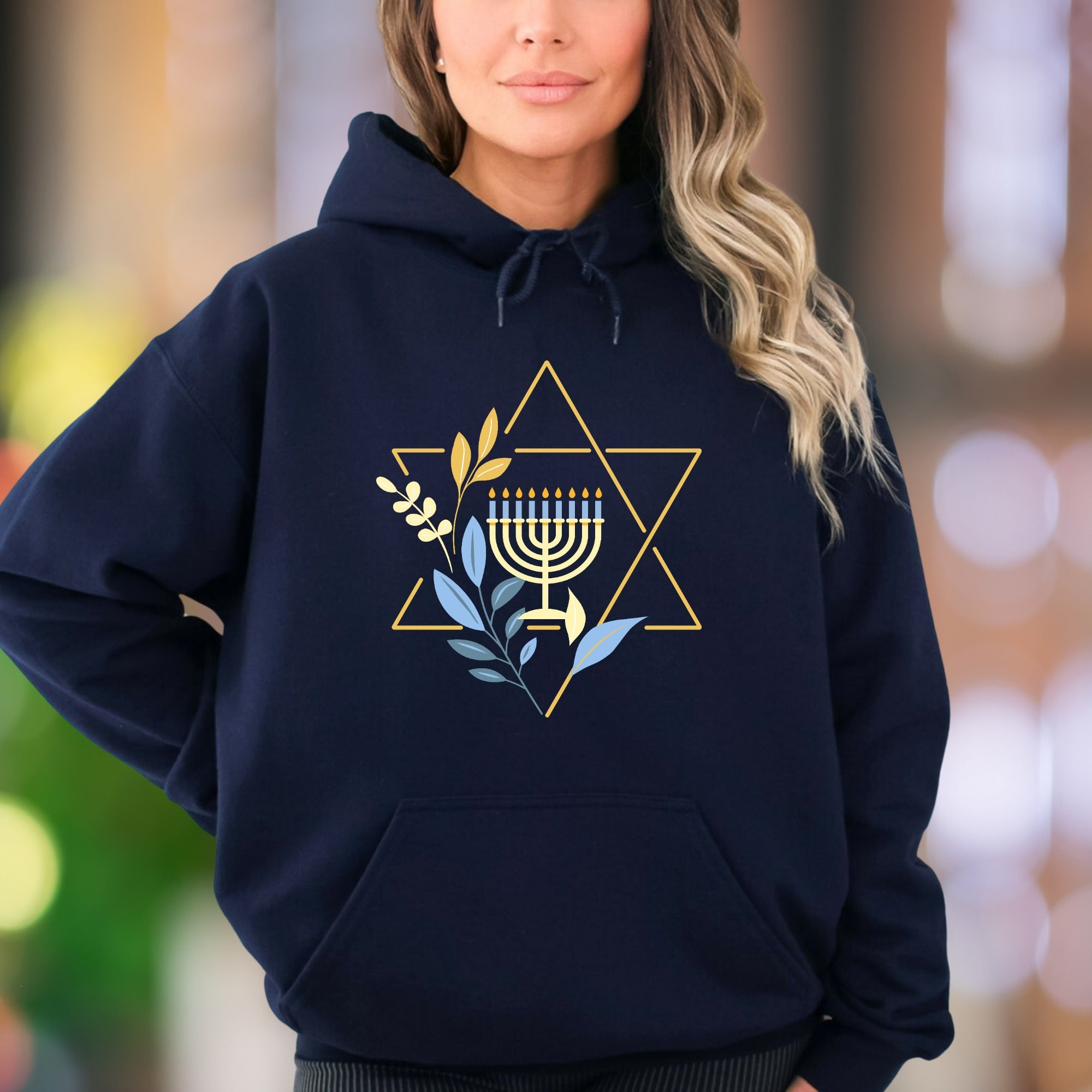 Star of David & Menorah Symbol | Evergreen Graphic Unisex Adult Hoodie | Spiritual Lifestyle